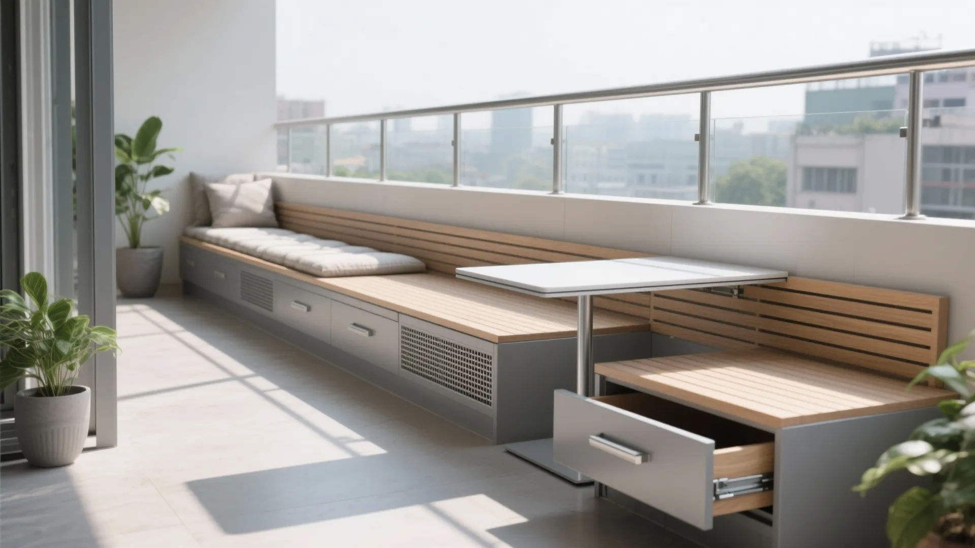 Minimalist Balcony Storage and Bench Seating
