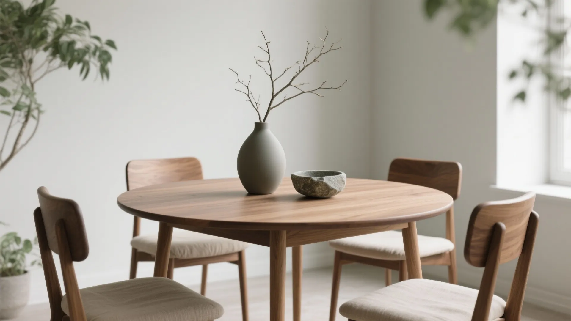 Round wooden dining table with grey vase and four chairs in a bright minimalist room
