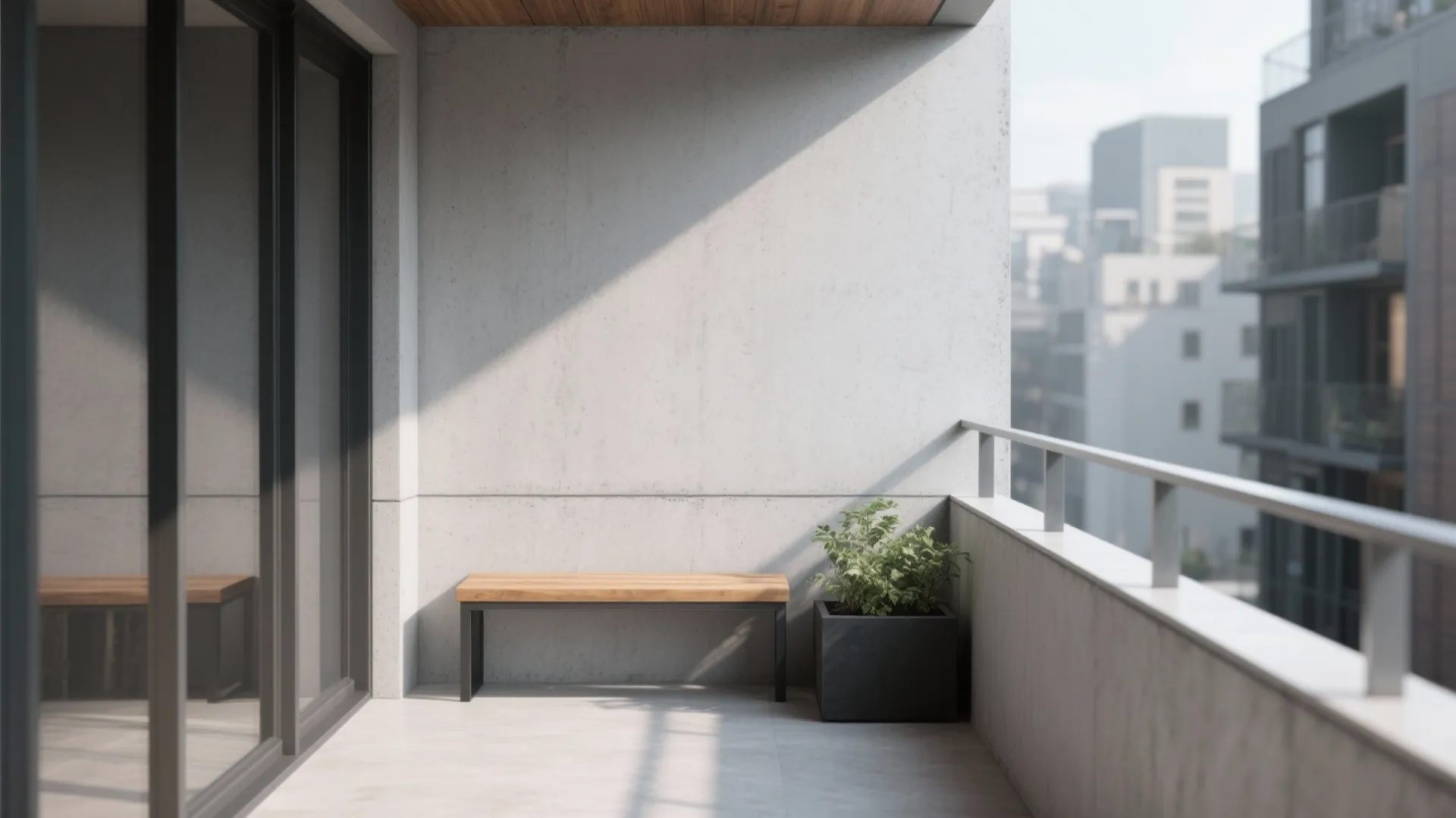 Minimalist balcony with concrete wall wooden bench and potted plant overlooking the city during day