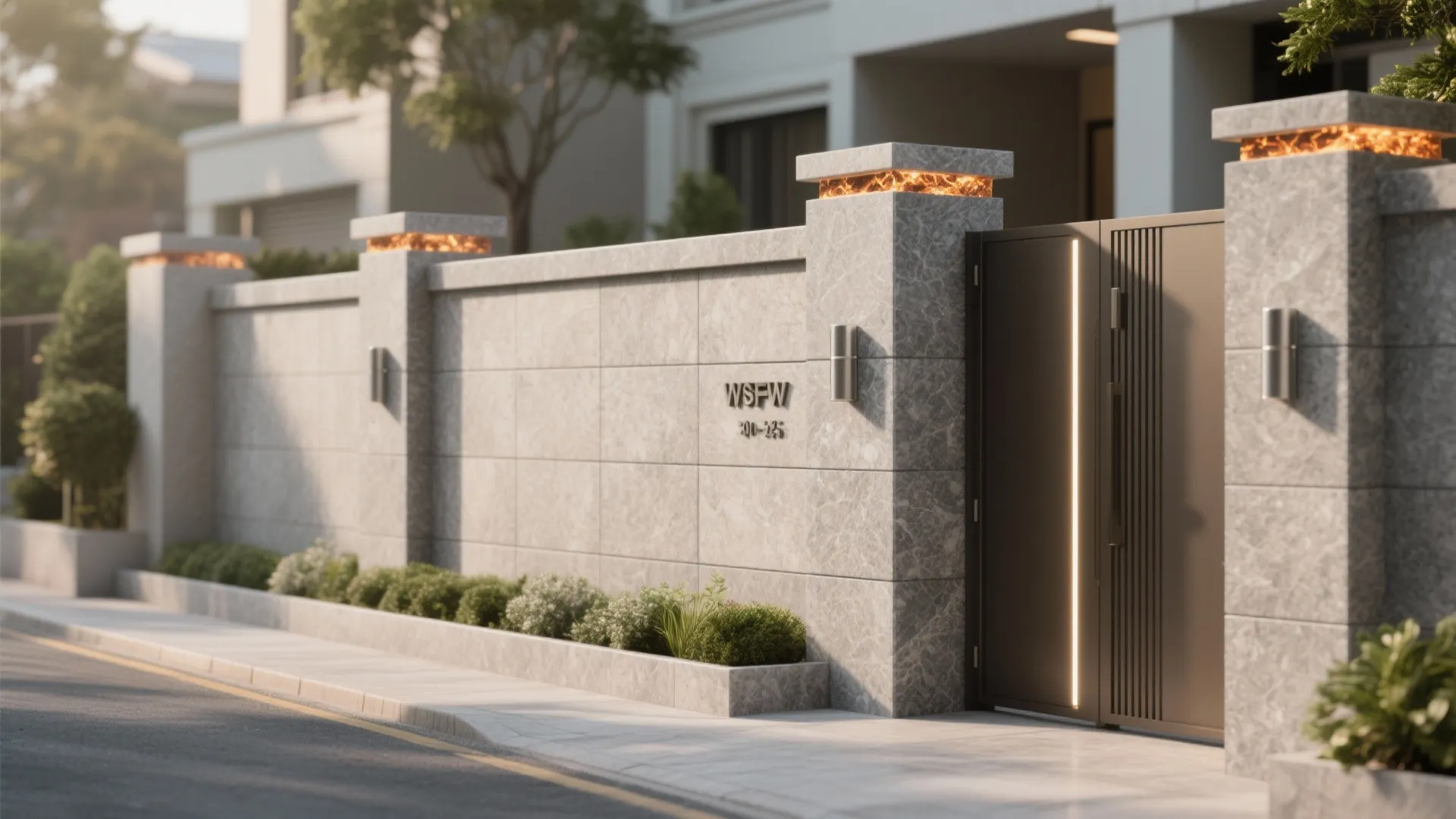 Long grey stone wall featuring lighted pillars and a dark metal gate along a sidewalk