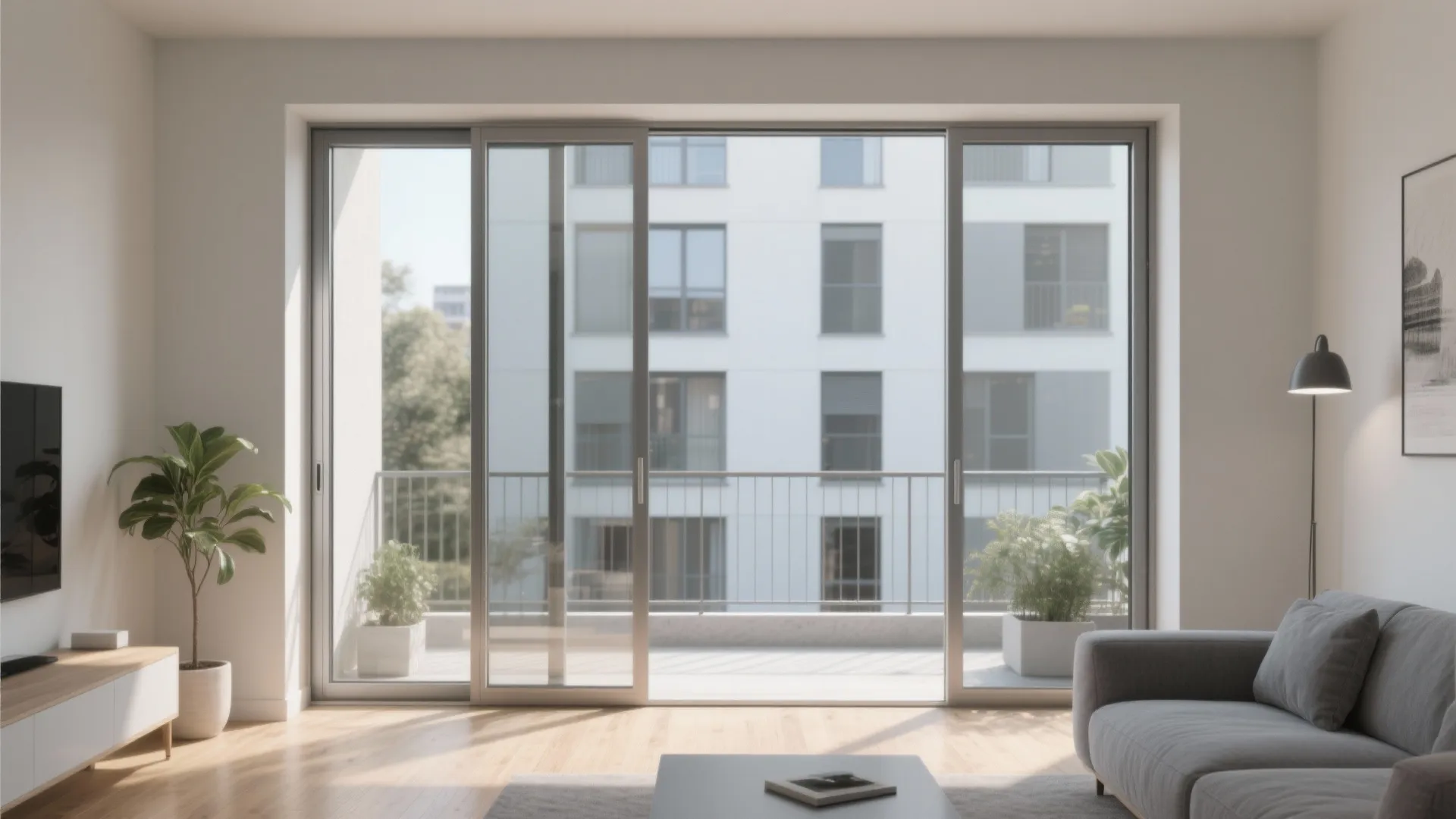 Minimal-frame balcony door and window wall integration