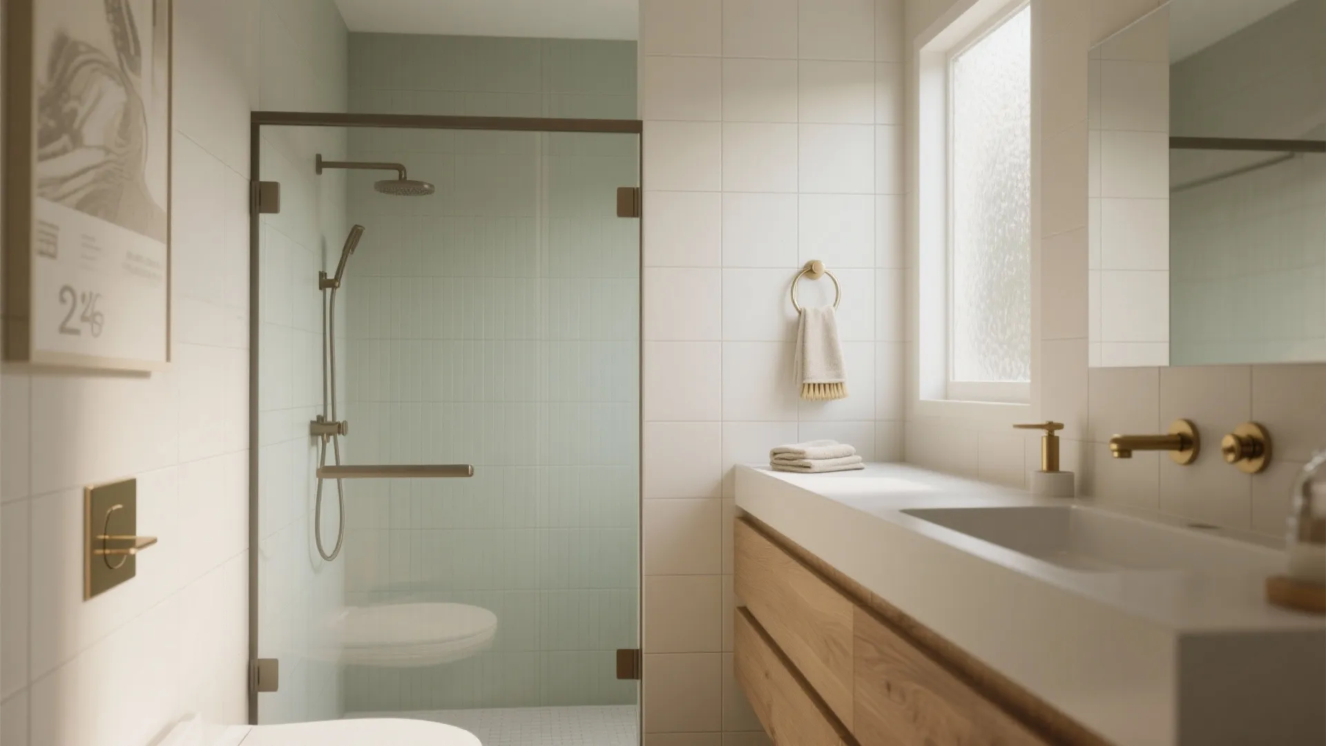 Small bathroom with large-format porcelain tiles and tight grout for faster brushing.