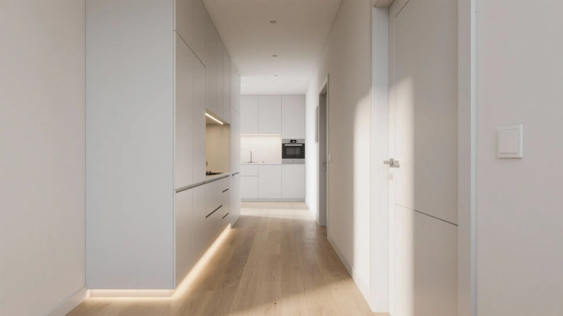 Minimalist kitchen storage for a tidy hall–kitchen combo