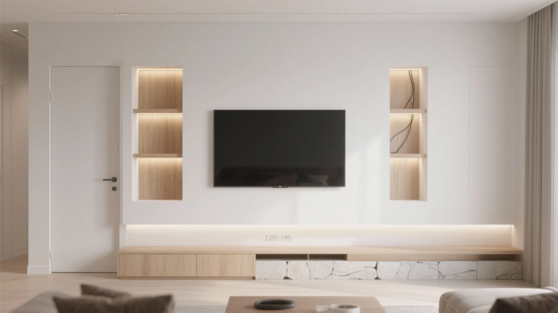 Minimalist gypsum TV wall with hidden storage