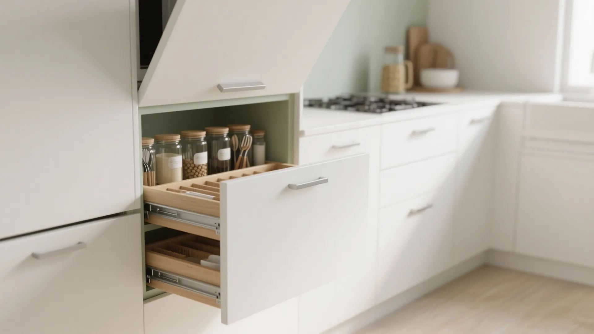 Minimalist kitchen storage in a 1 BHK