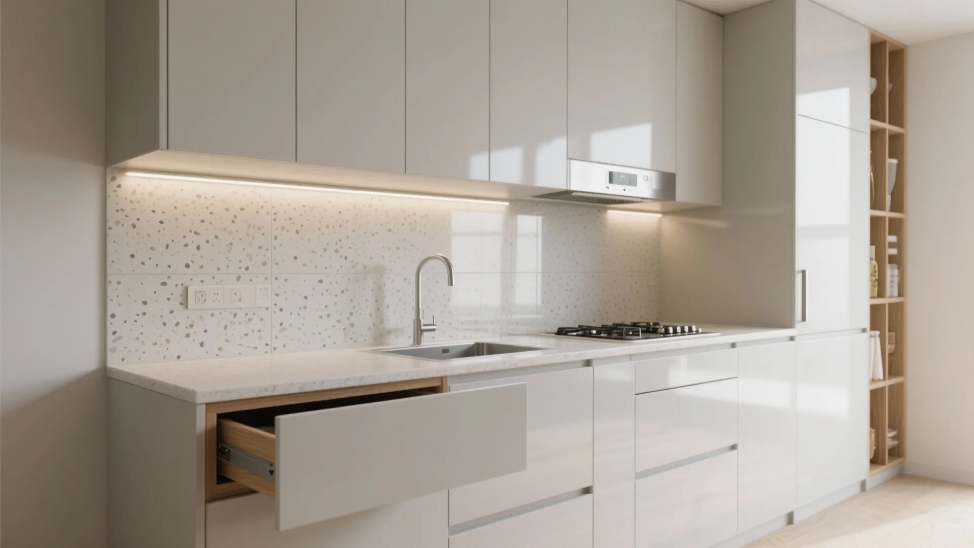 Minimalist kitchen storage with a bright, easy-clean backsplash