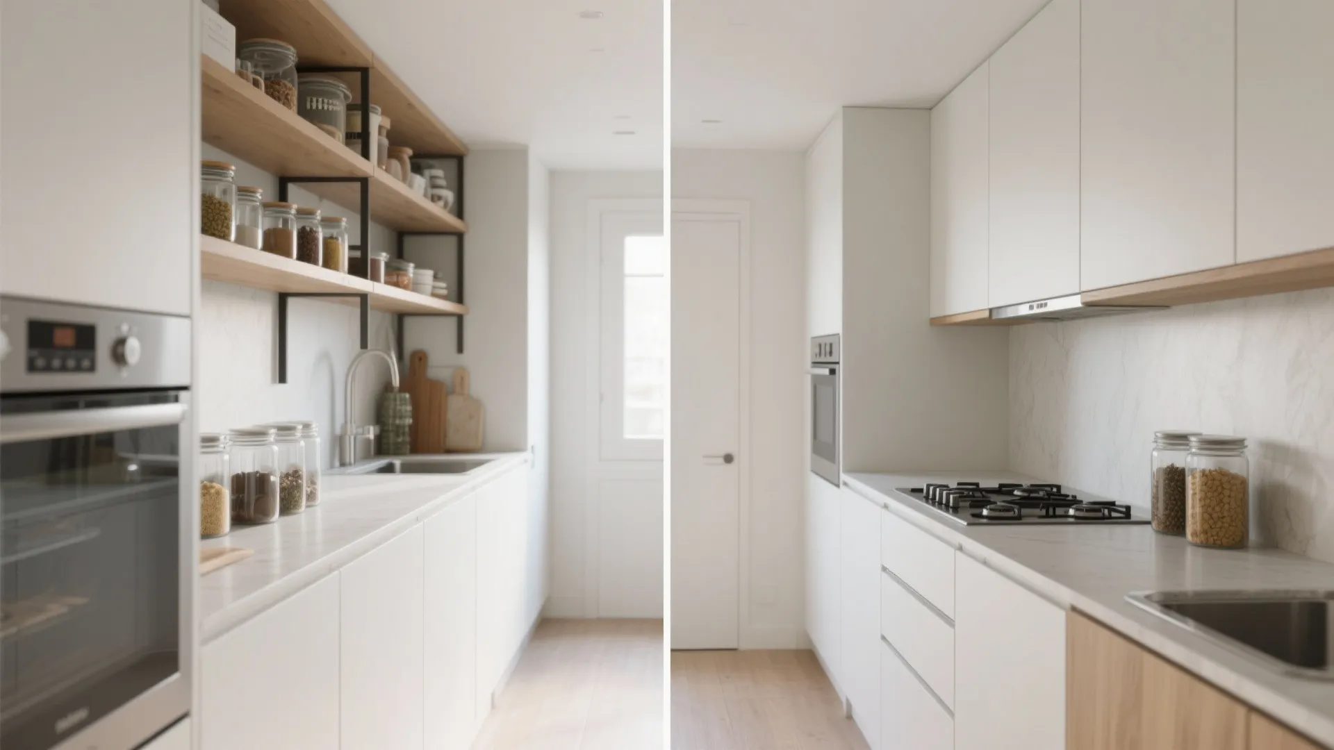 Before-and-after comparison of kitchen renovation showing added wall shelves and white cabinets with wood trim