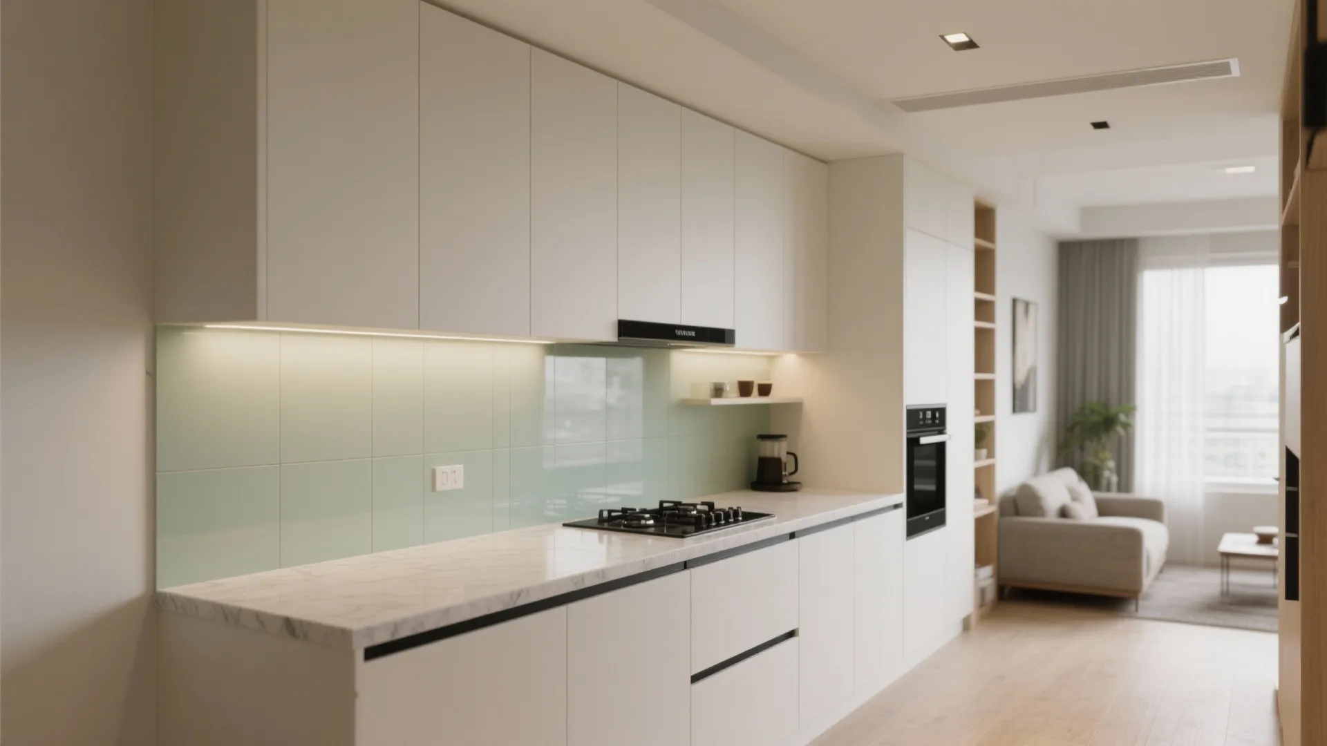 Modern white kitchen with marble countertop, light green tiles, built-in stove and open living area