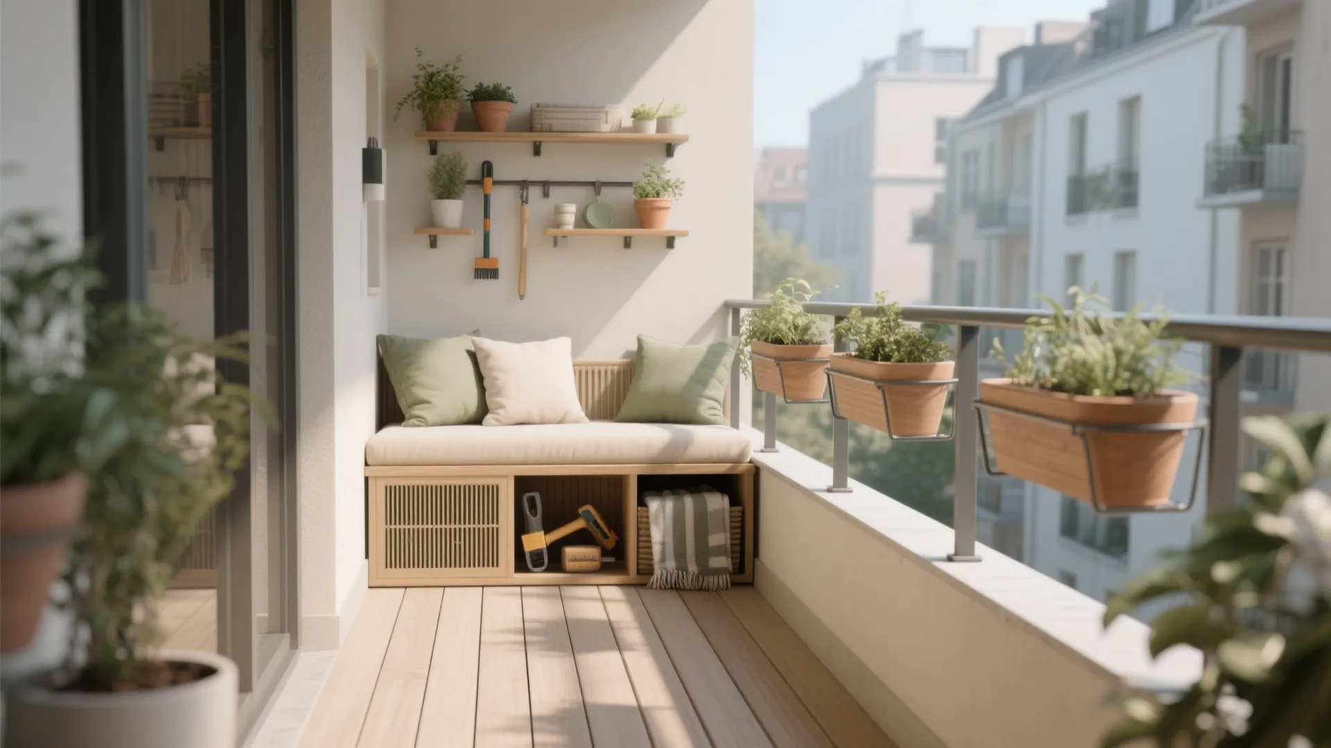 Modern balcony featuring wood bench with storage green pillows small potted plants and wall shelves