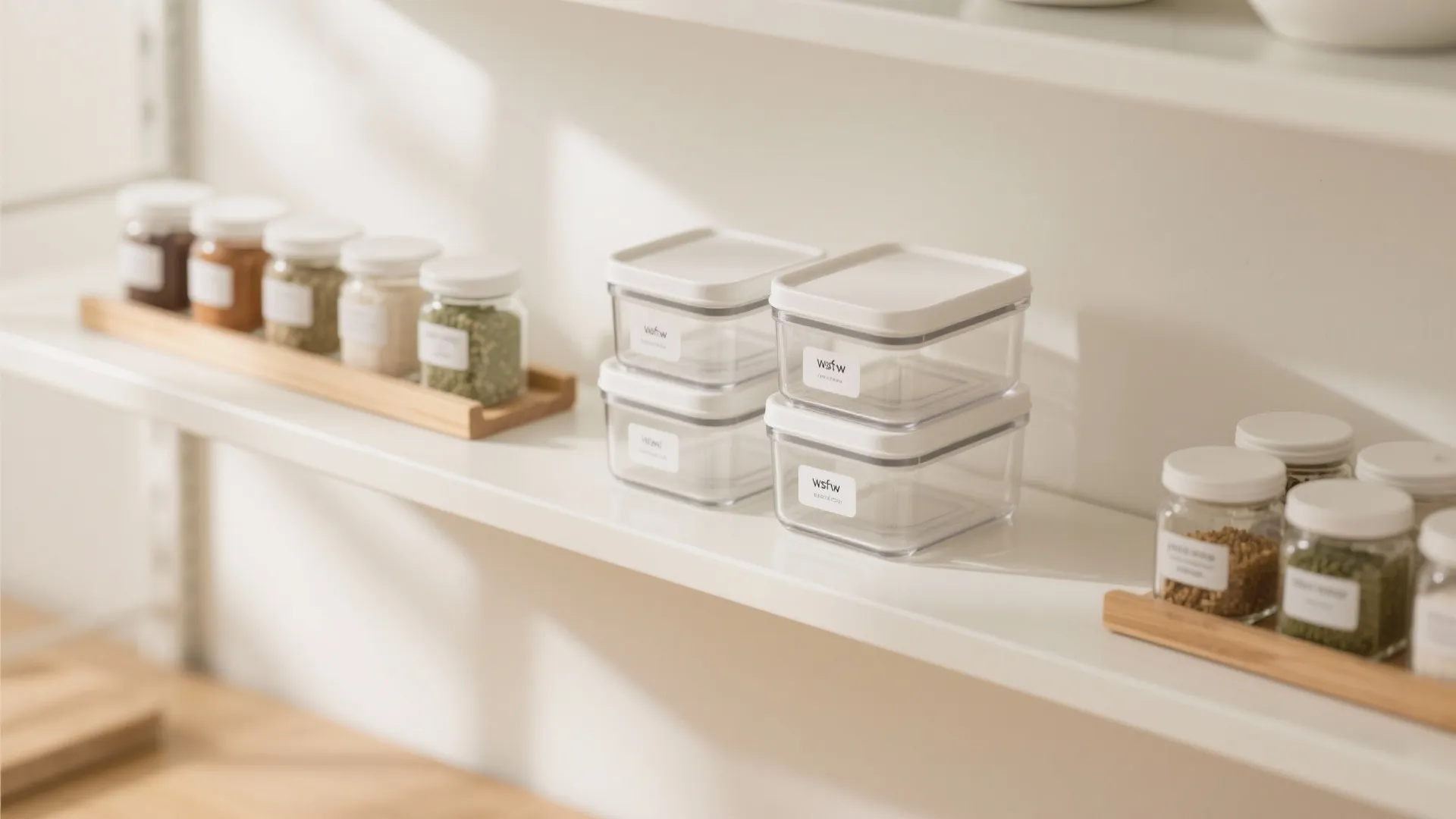 Organized white kitchen shelves with labeled glass spice jars and clear plastic food storage containers