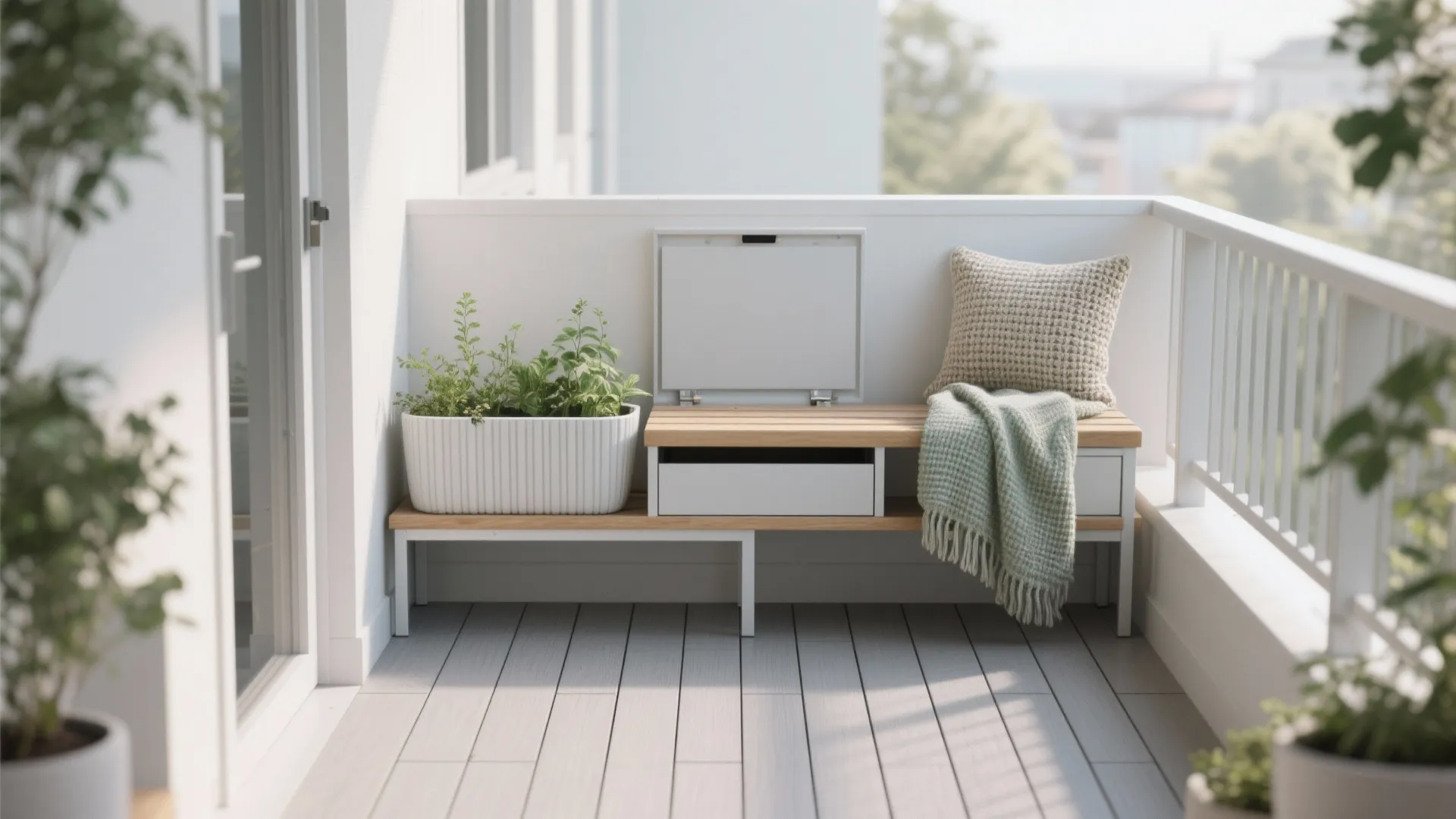 Minimalist balcony storage with calm palettes