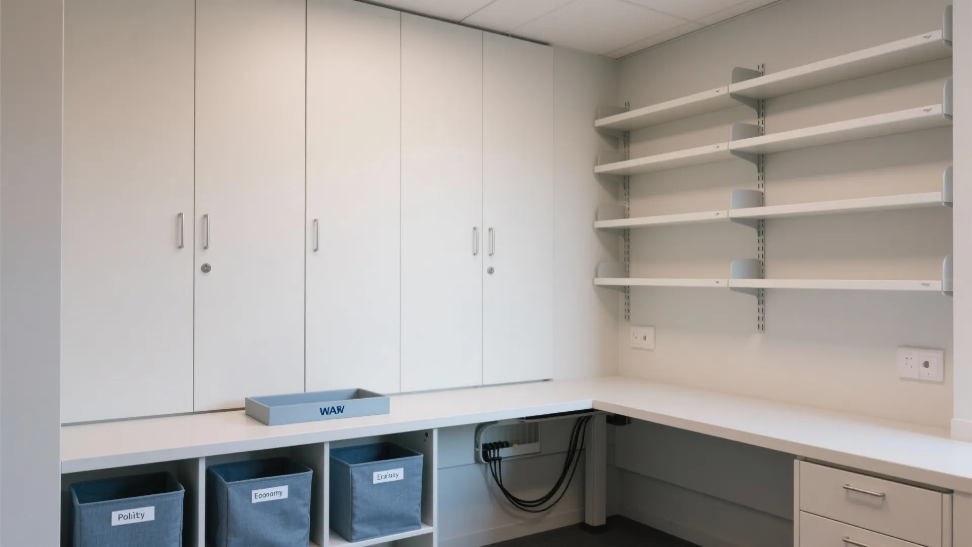 Minimalist study room storage with closed cabinets, slim desk, and labeled bins to reduce visual clutter.
