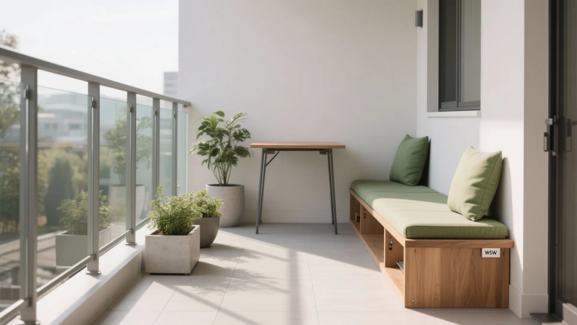 Modern apartment balcony featuring a wooden bench with green cushions plus a small folding table