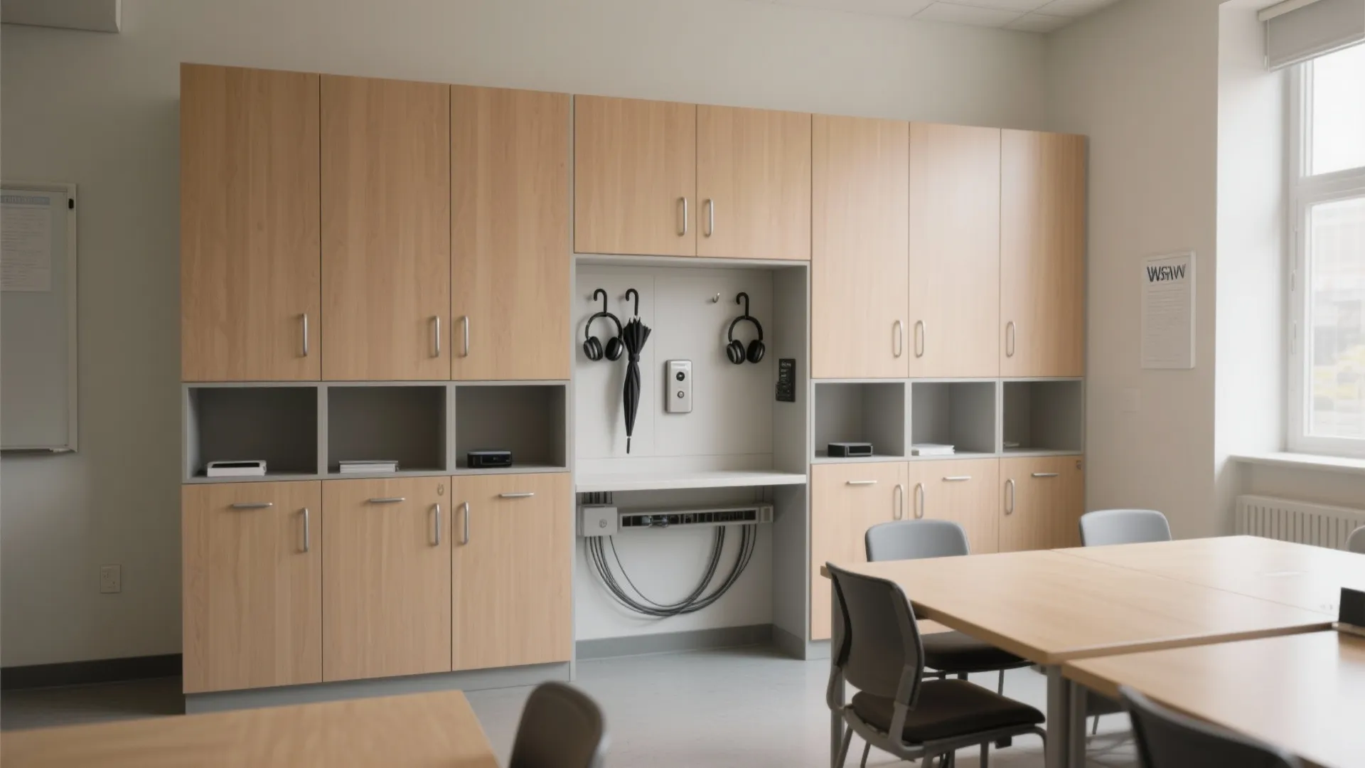 Light wood storage cabinet system with open shelves in a bright modern meeting room space