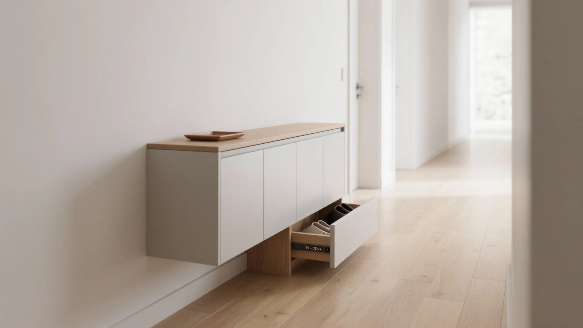 Modern white wall mounted cabinet with wood top and open drawer on light wooden floor