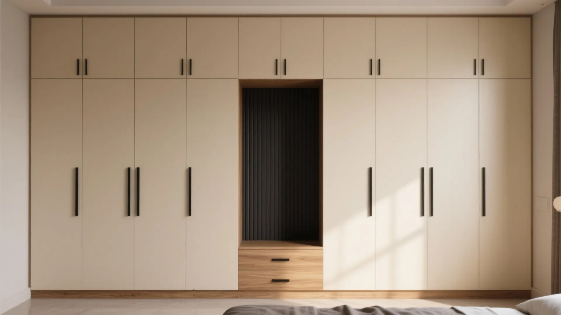 Modern cream built-in wardrobe with black handles featuring a central wooden shelf and two drawers