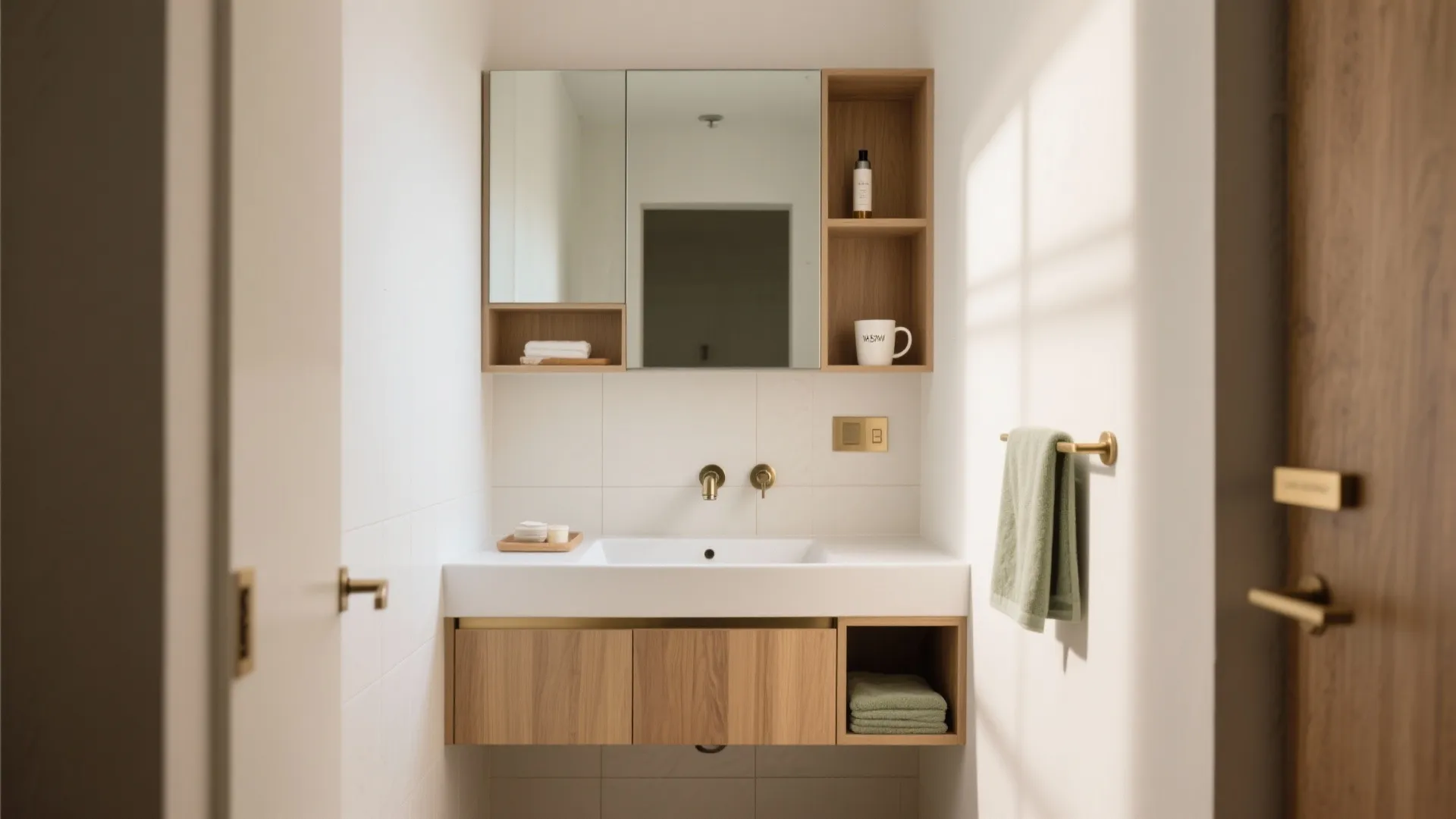 Minimalist storage for narrow Indian bathrooms