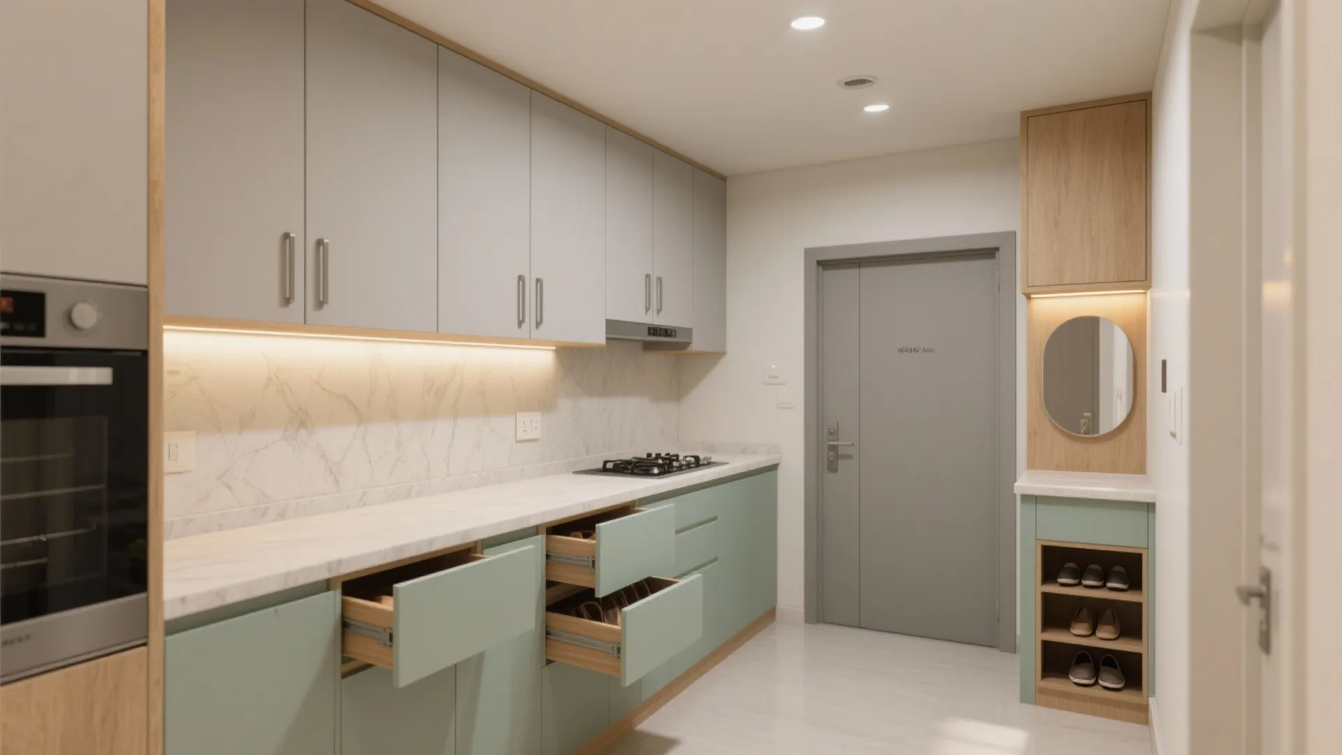 Minimalist Kitchen Storage That Travels to the Entry