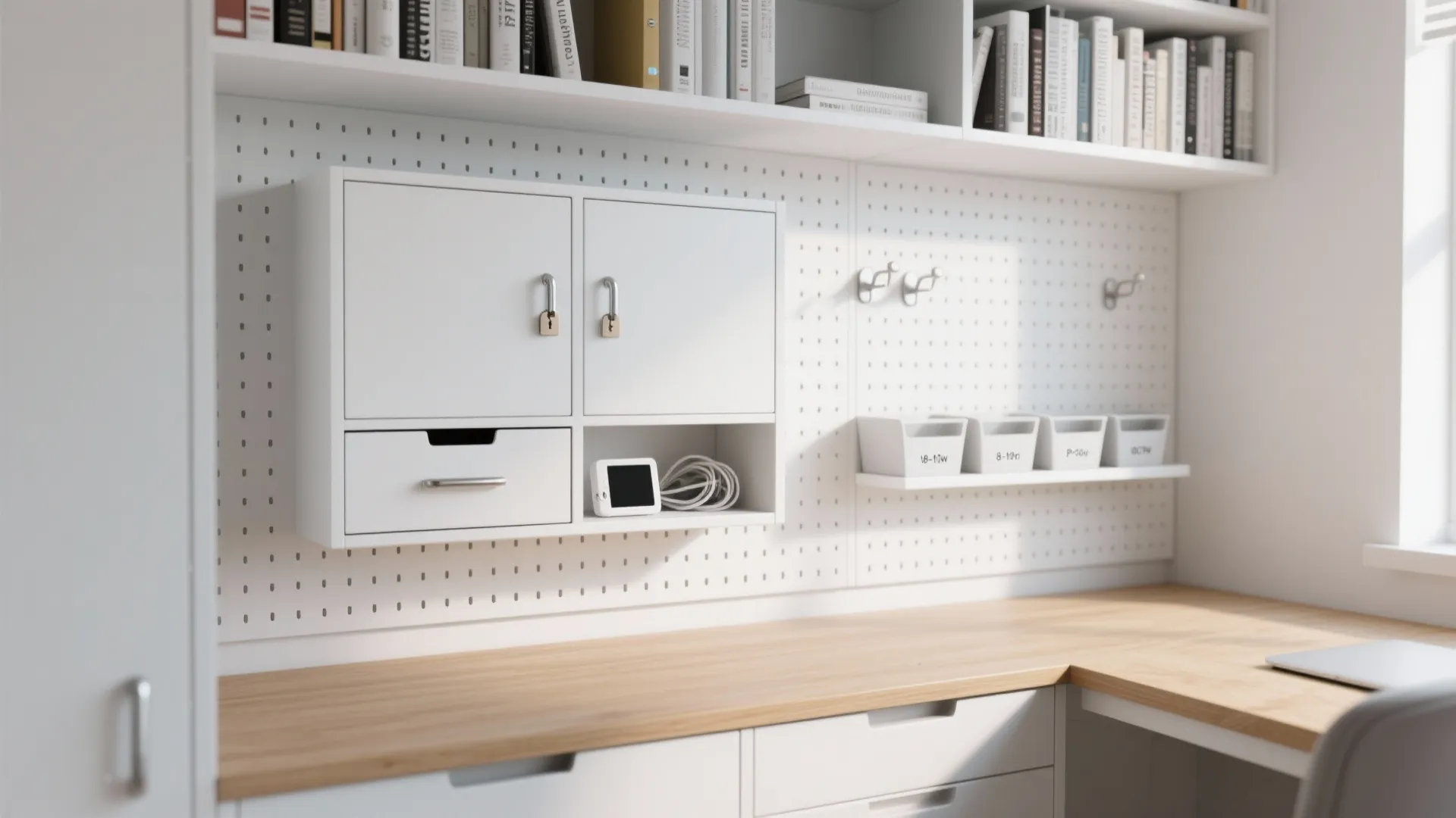 White wall organizer with small cabinet and pegboard above a wooden desk in home office
