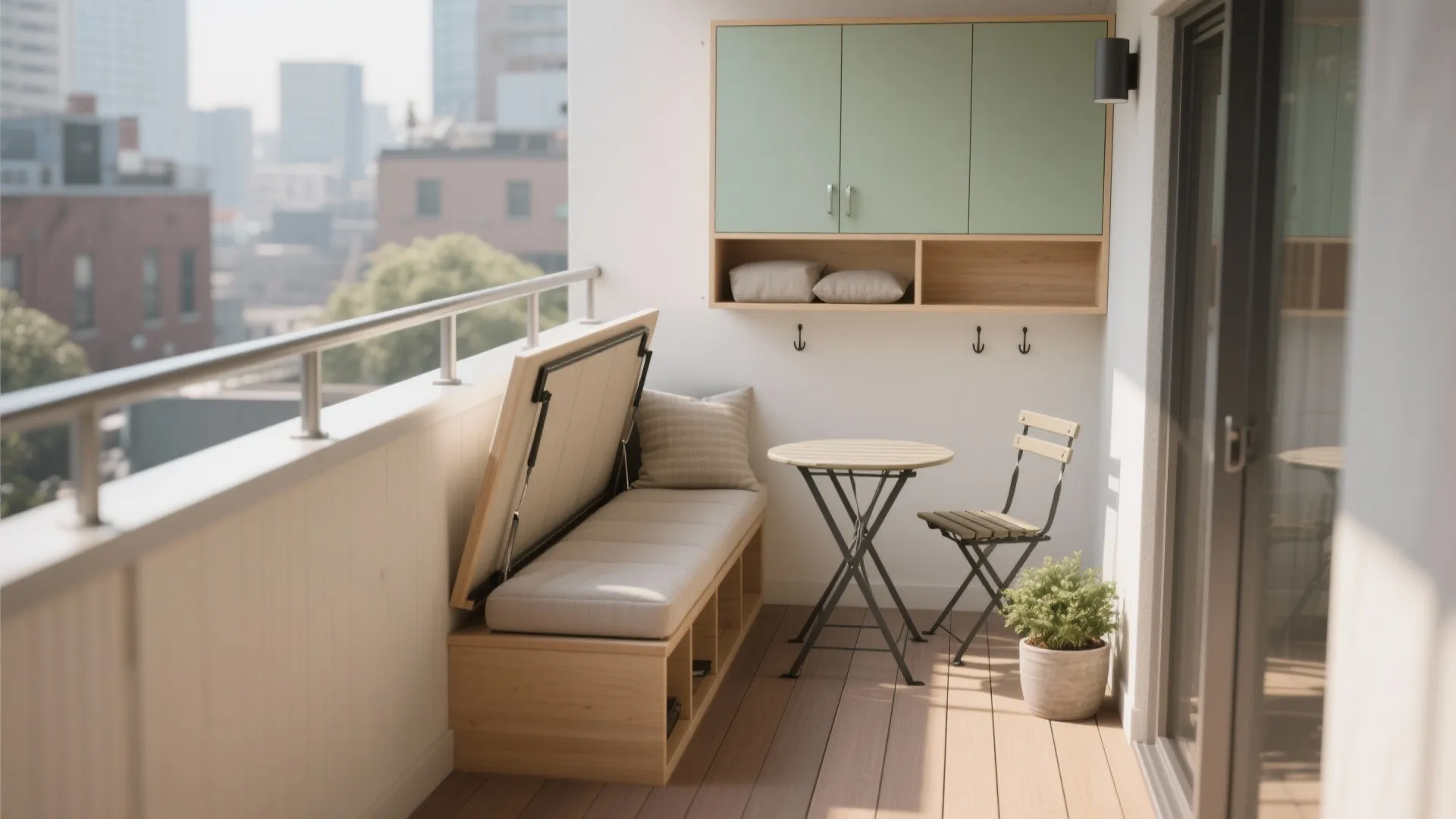 Small balcony with storage bench folding table chair and green wall cabinet for efficient room layout