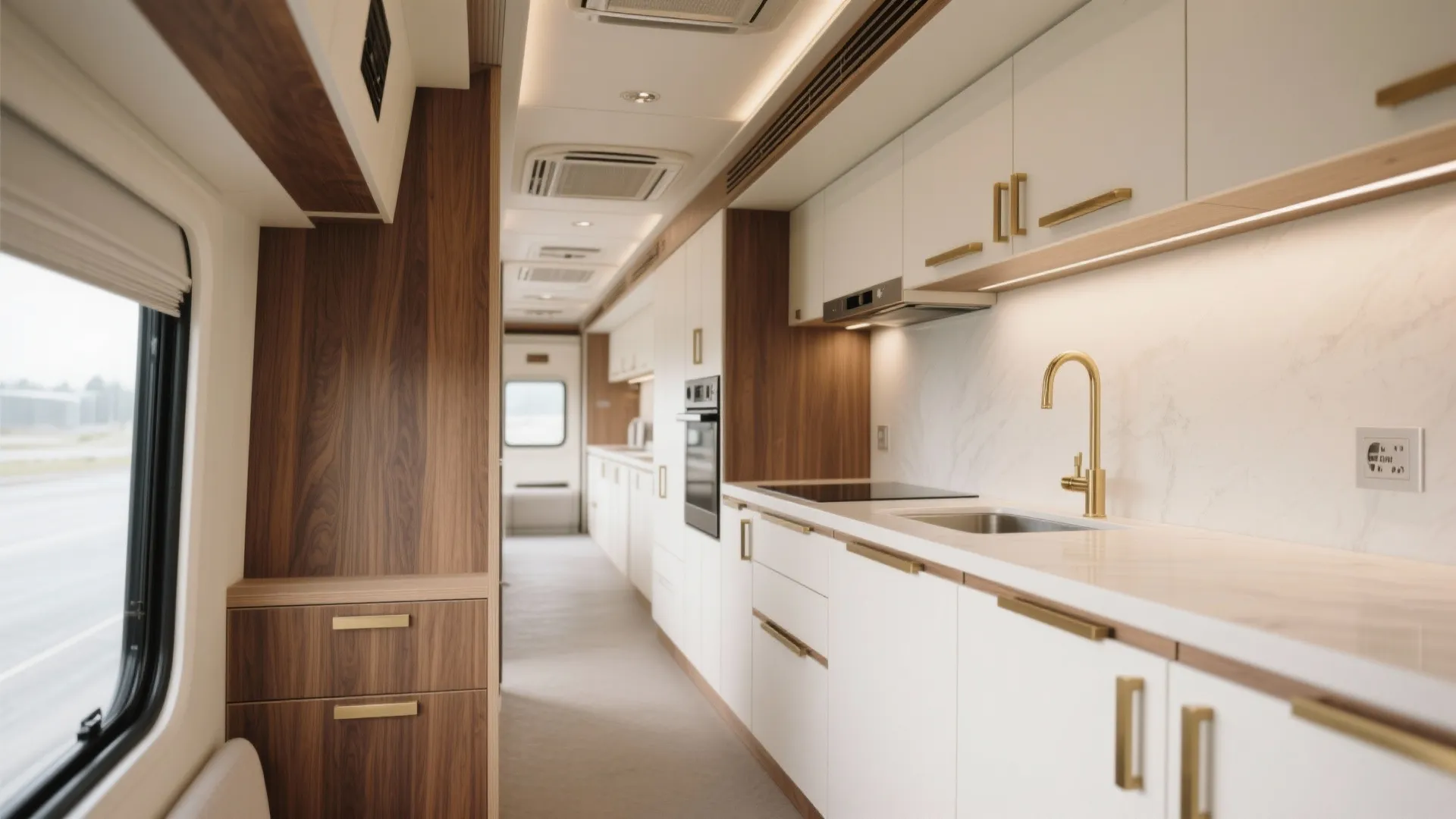 Modern long narrow kitchen interior design with white cabinets wood panels gold faucet and integrated appliances