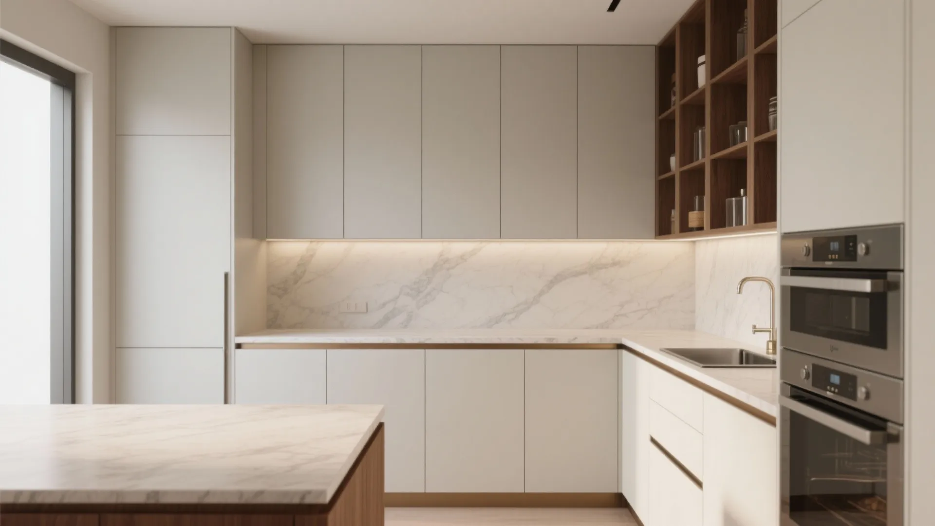 Modern white kitchen with marble backsplash gold faucet built in ovens and open wood shelving