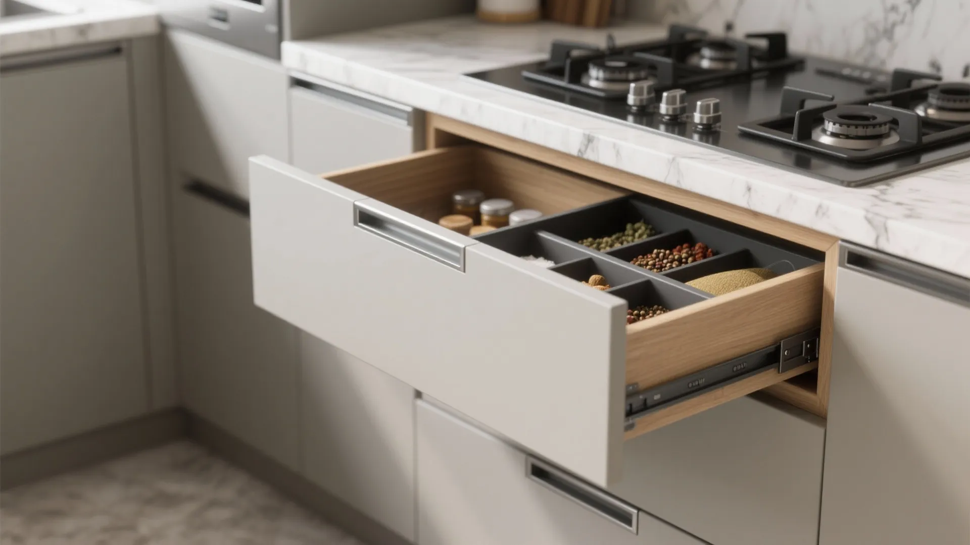 Open kitchen drawer showing storage divider for spices under marble countertop with black gas stove top