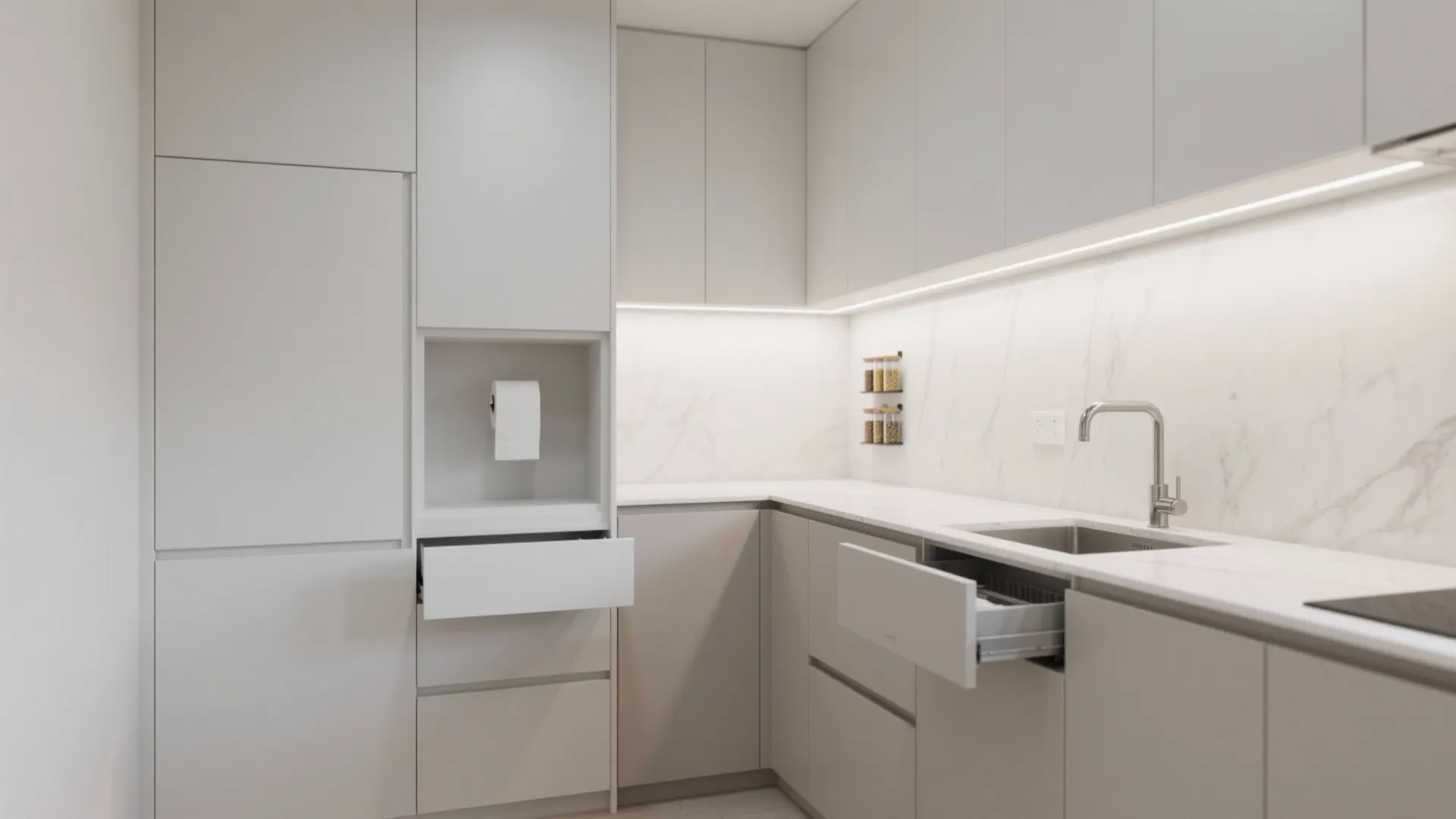 Modern white kitchen cabinets with open drawers under warm light fixtures and a marble wall