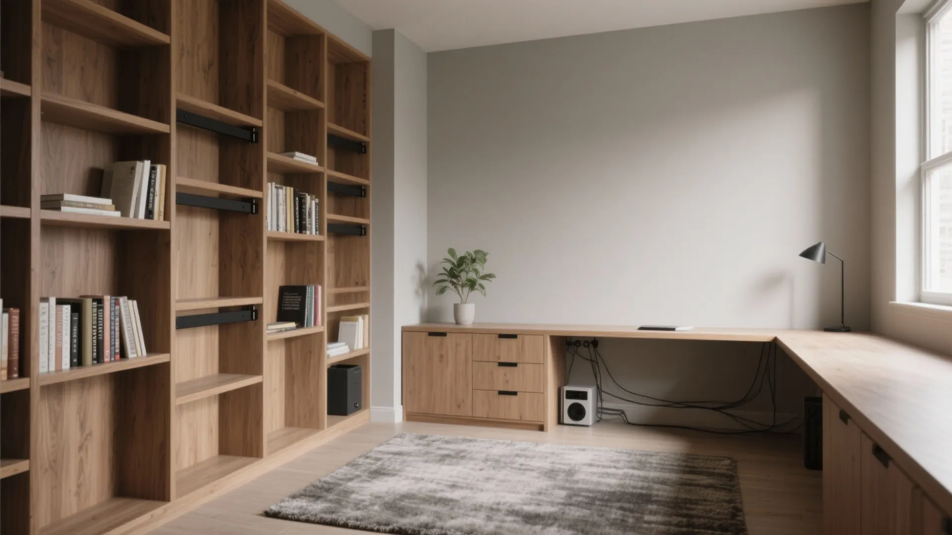 Minimalist study room featuring a large wooden bookshelf light wood desk and grey floor rug