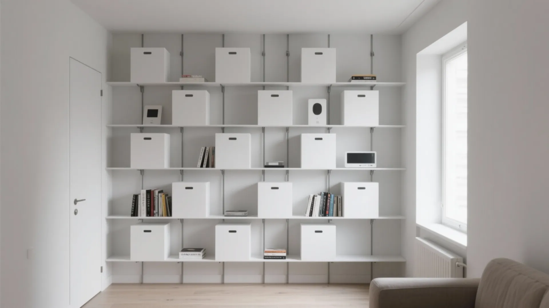 Minimalist white wall shelves with storage boxes and books in a bright room with a window
