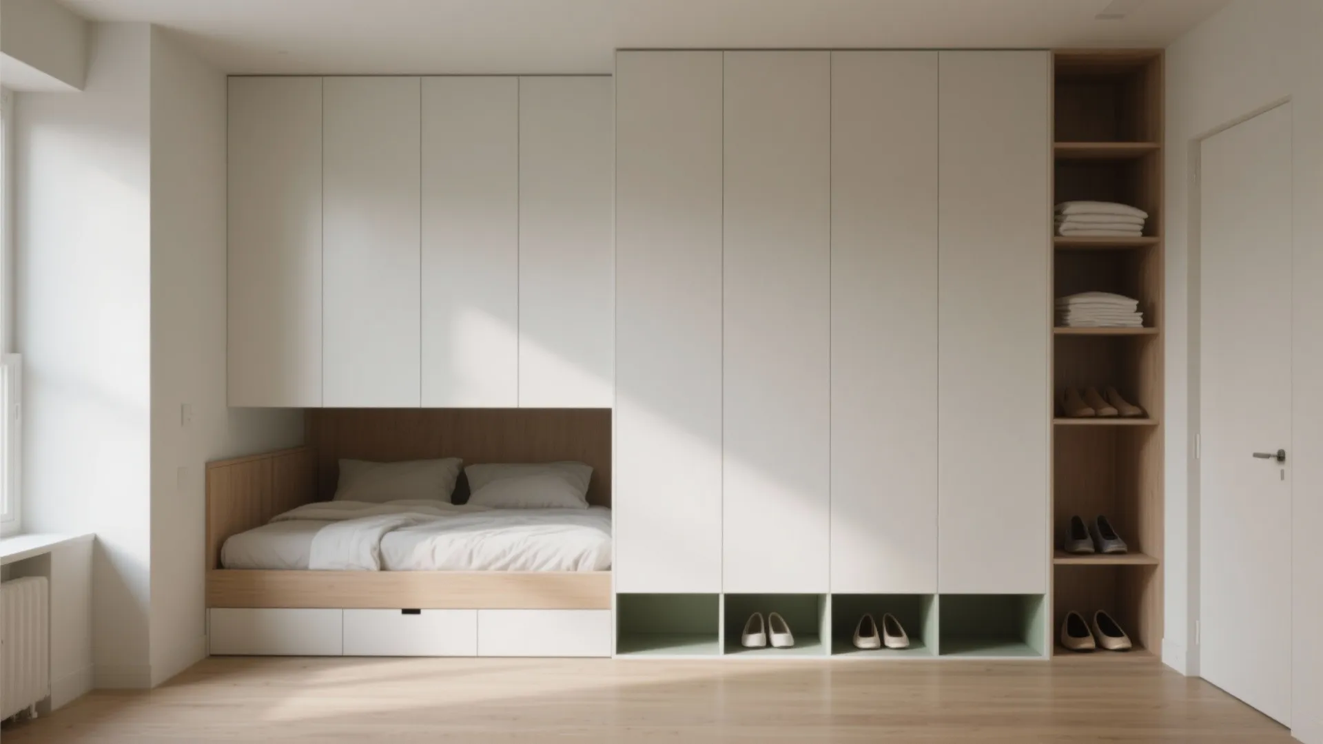 Modern white wardrobe with built-in bed wood floor open shelves and light green shoe storage