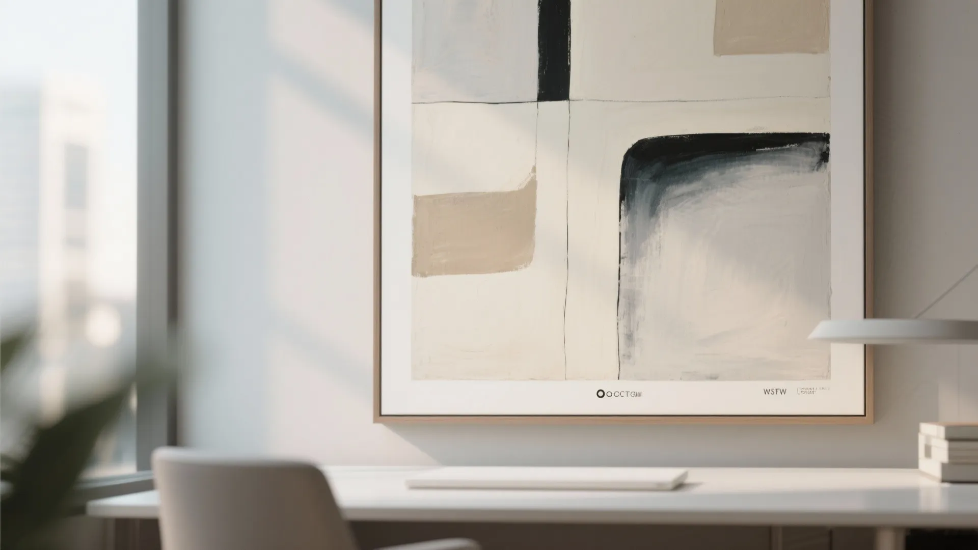 Abstract wall art painting hanging above a white desk in a bright modern home office