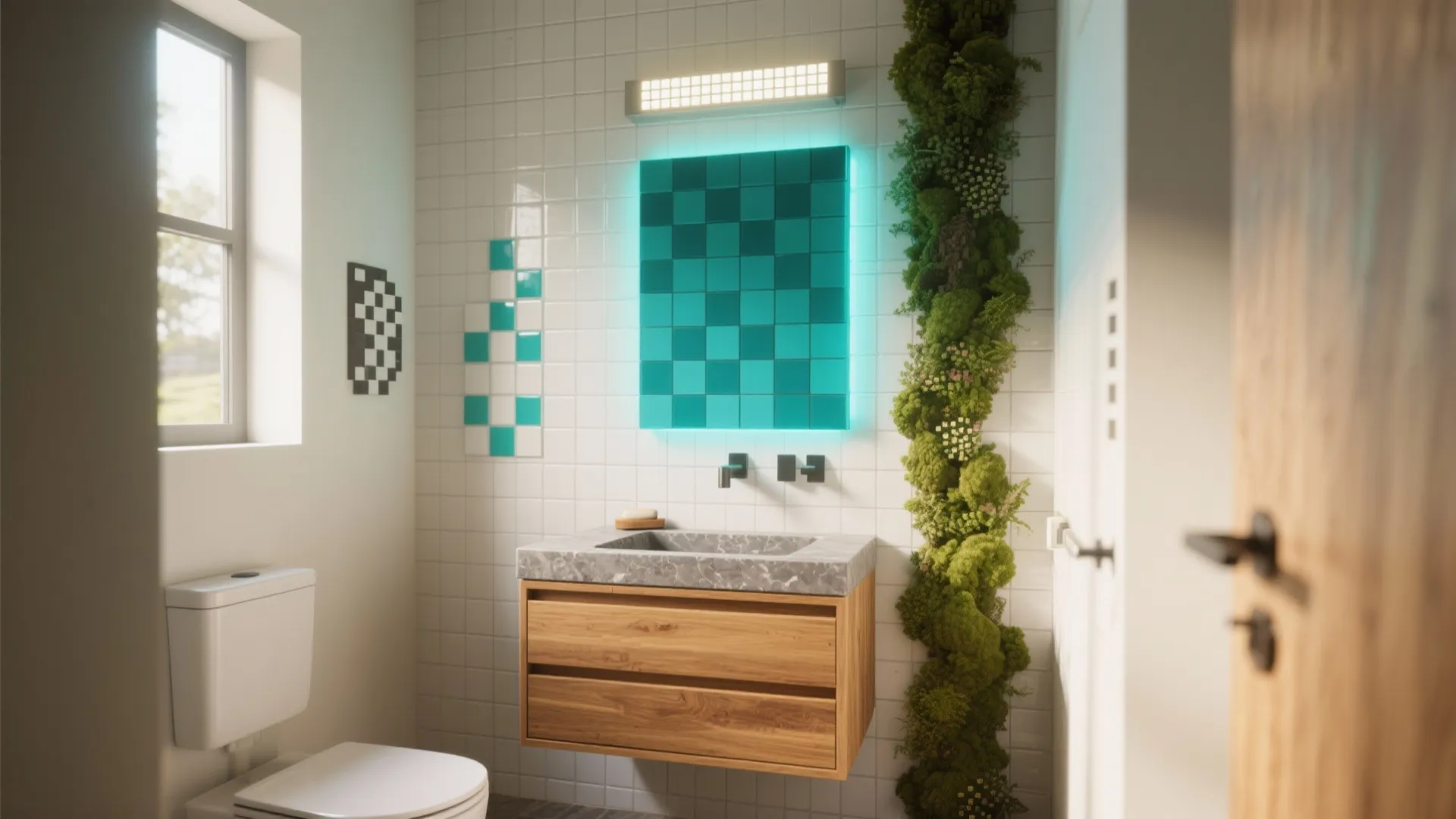 Modern bathroom with white wall tiles green plant wall wooden cabinet marble sink and blue light