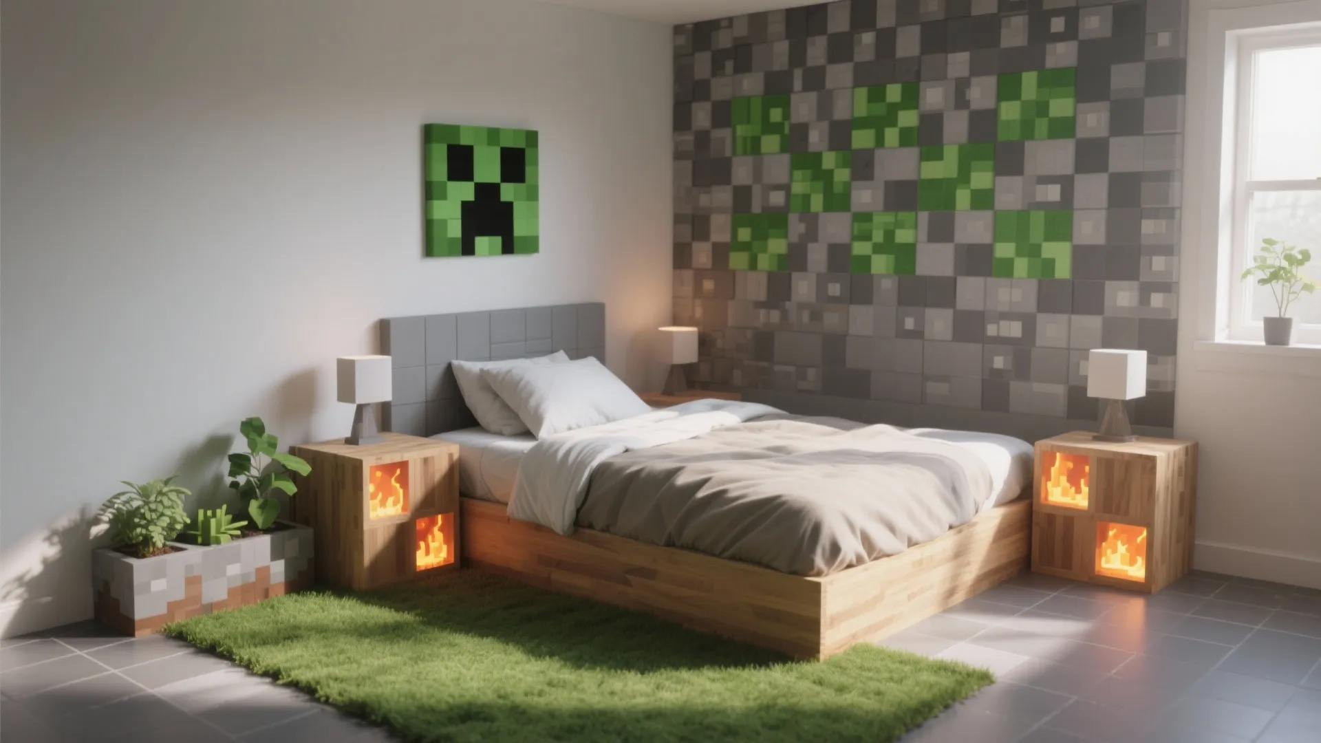 Themed bedroom with block pattern wall panel green grass rug wooden bed and pixelated decorations