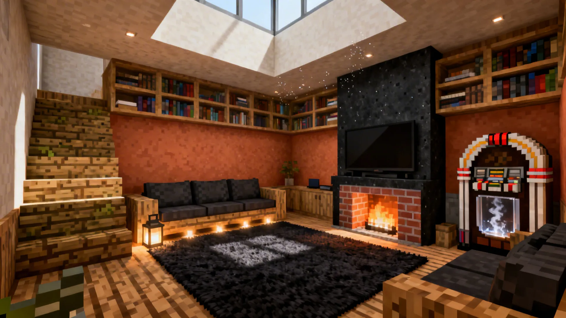 Minecraft cozy living room featuring black sofa black rug fireplace TV jukebox and wall bookshelves