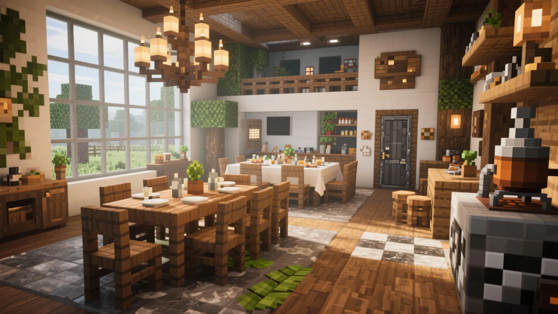 Large wooden dining room with long tables and chairs under a big wooden ceiling light fixture