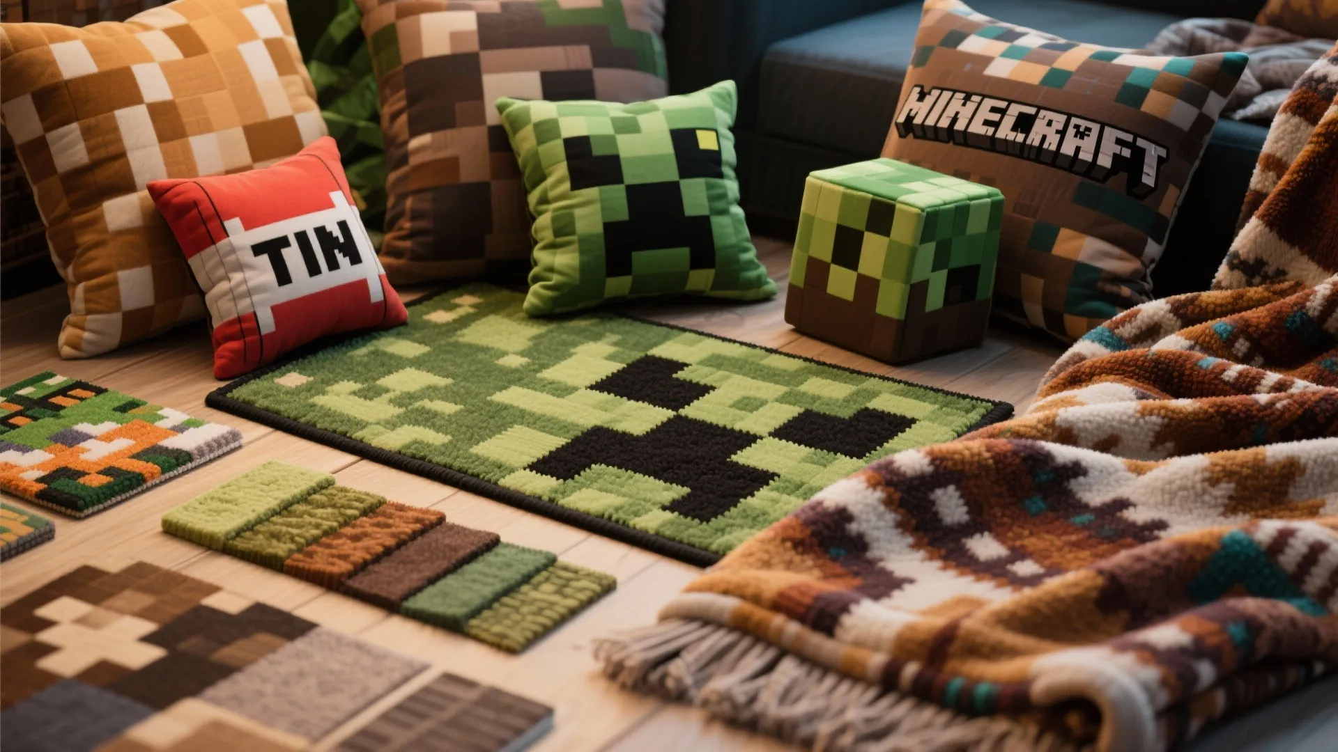 Minecraft-themed pillows, rugs, and blankets