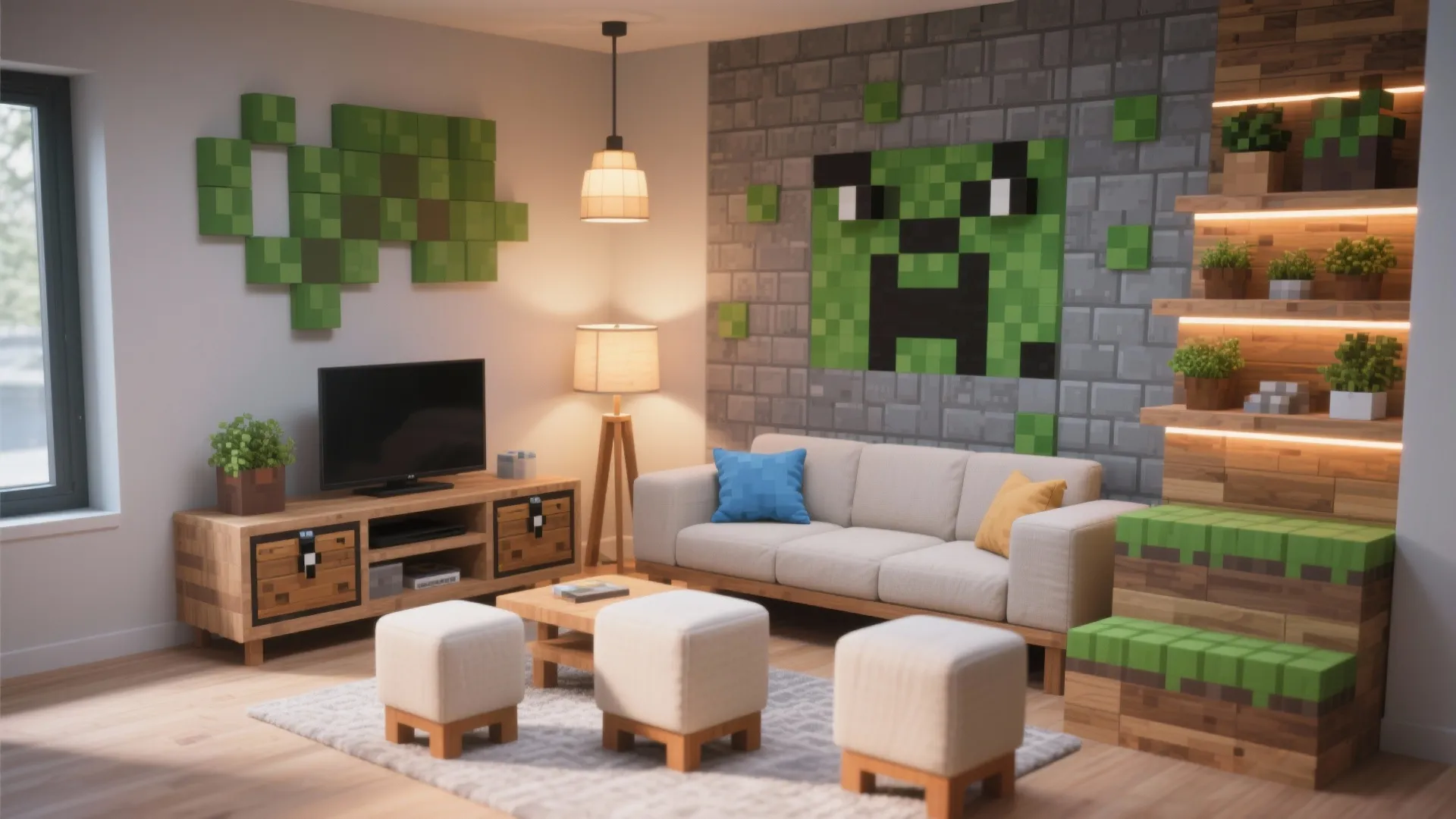 Minecraft themed living room with green pixel wall art white sofa wooden furniture and blocky footrests