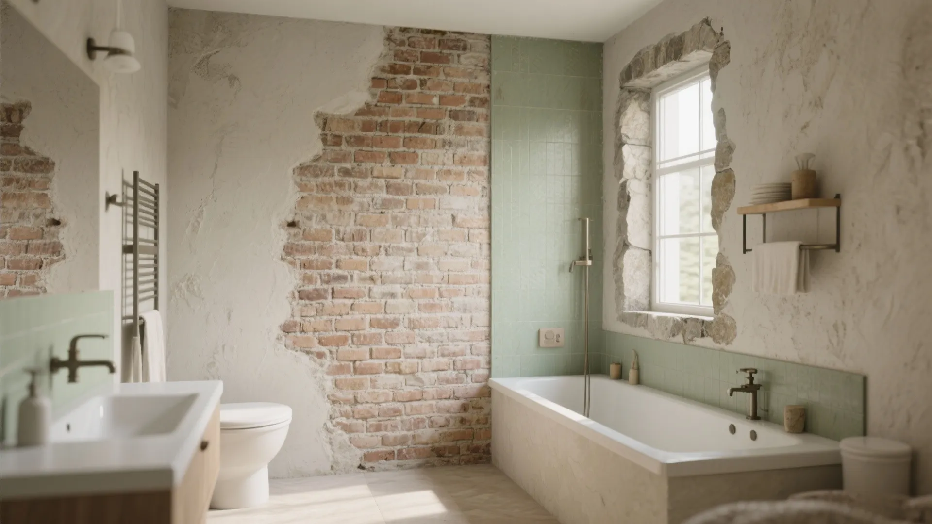 Modern bathroom with white bathtub green tiles exposed brick wall sink toilet and natural window light