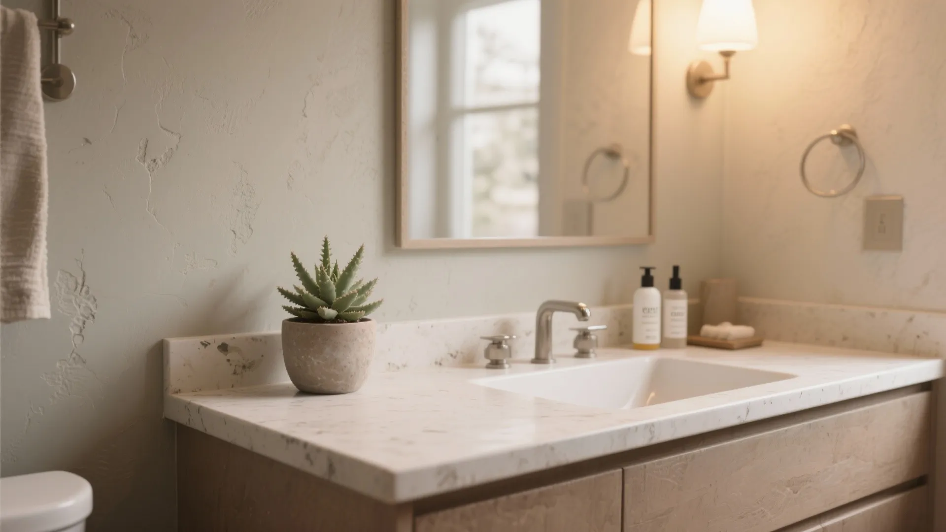 Bathroom vanity featuring white marble countertop with sink mirror wall light and small green plant