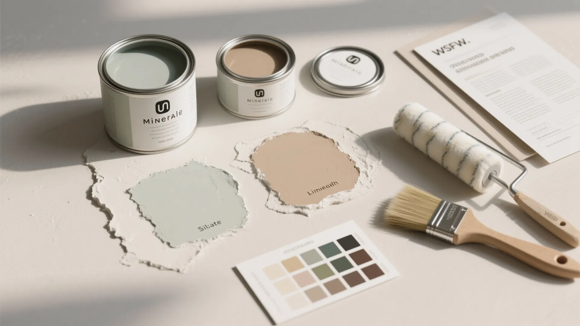 Flatlay of mineral paint tins, swatches, test patches, brushes and a data sheet for product testing and comparison.