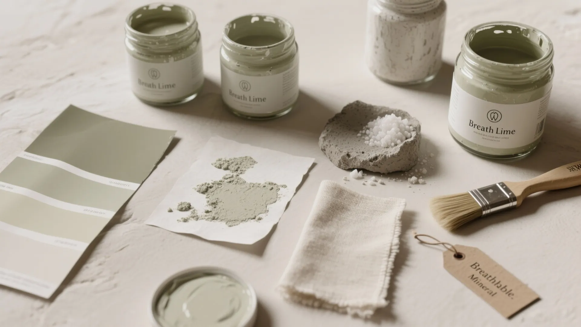Flatlay of green paint jars with color swatches plus a wooden brush and small stone piece
