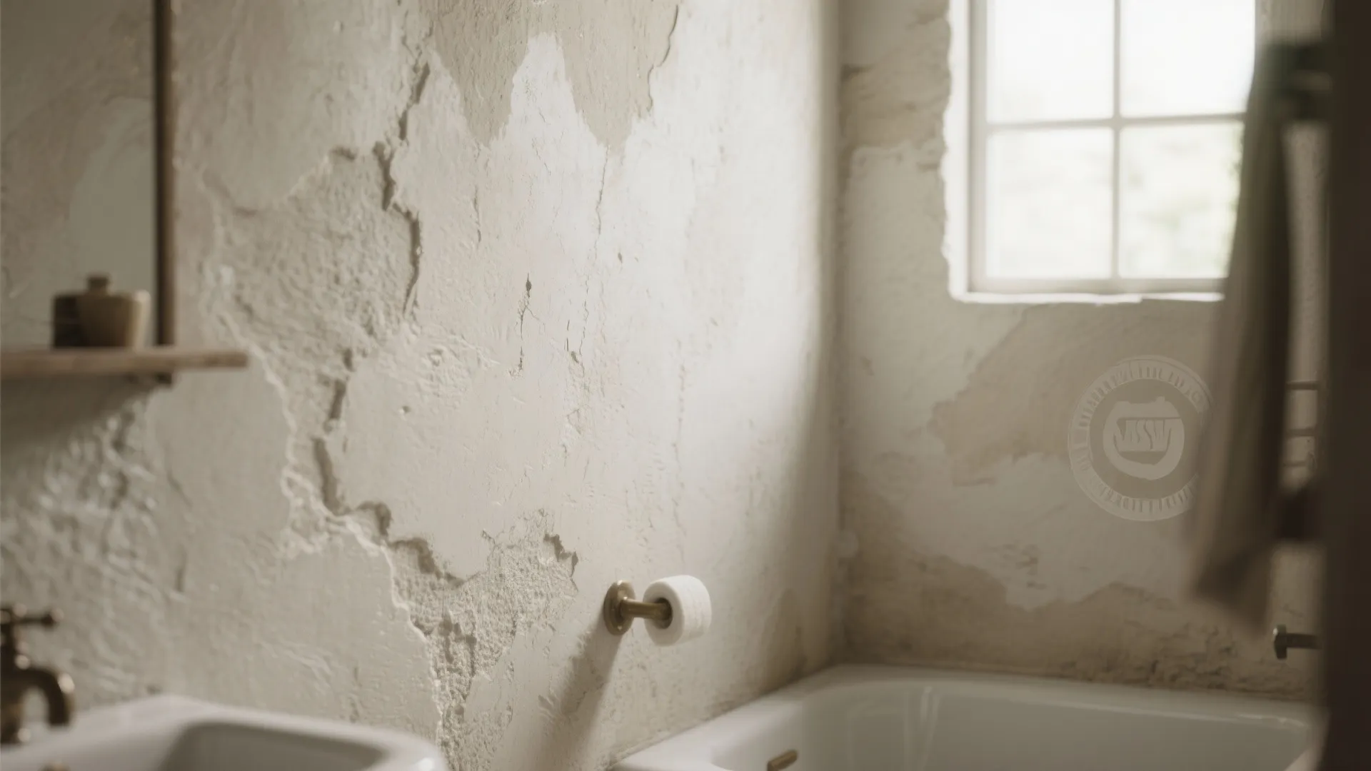 Rough textured white wall with mineral paint finish near a small window and white bathtub