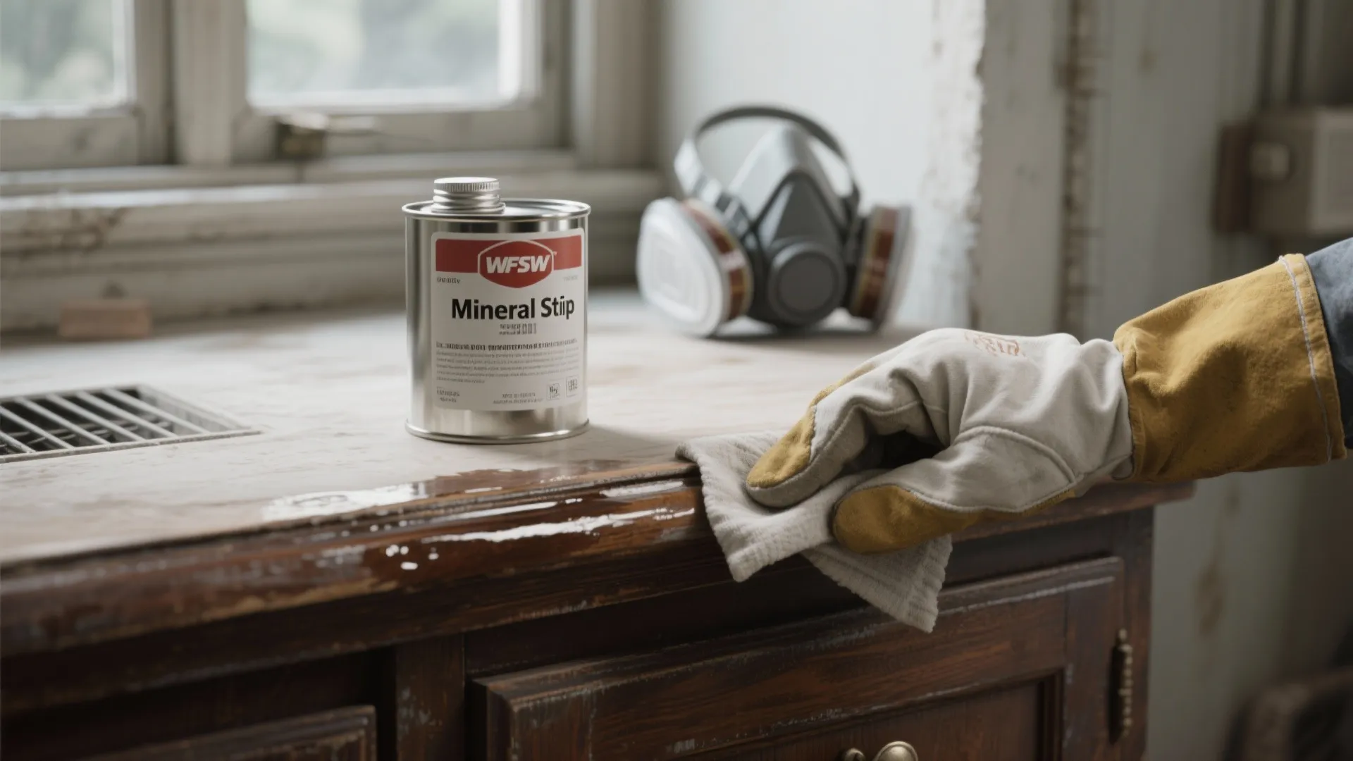 Gloved hand wiping a dark wood cabinet surface next to a metal can and mask