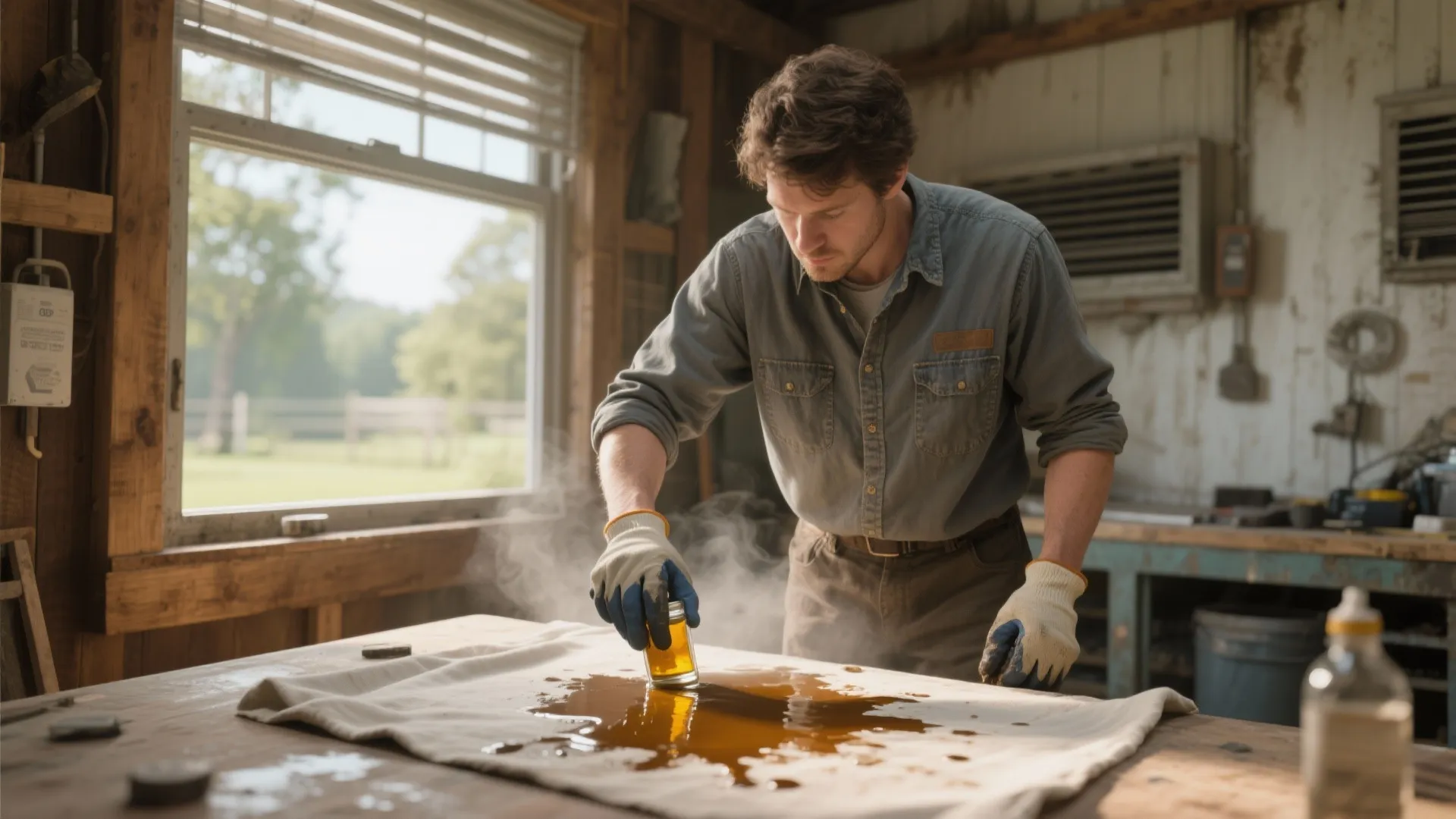 Person in gloves blotting an oil-based paint stain outdoors with mineral spirits and a protective surface