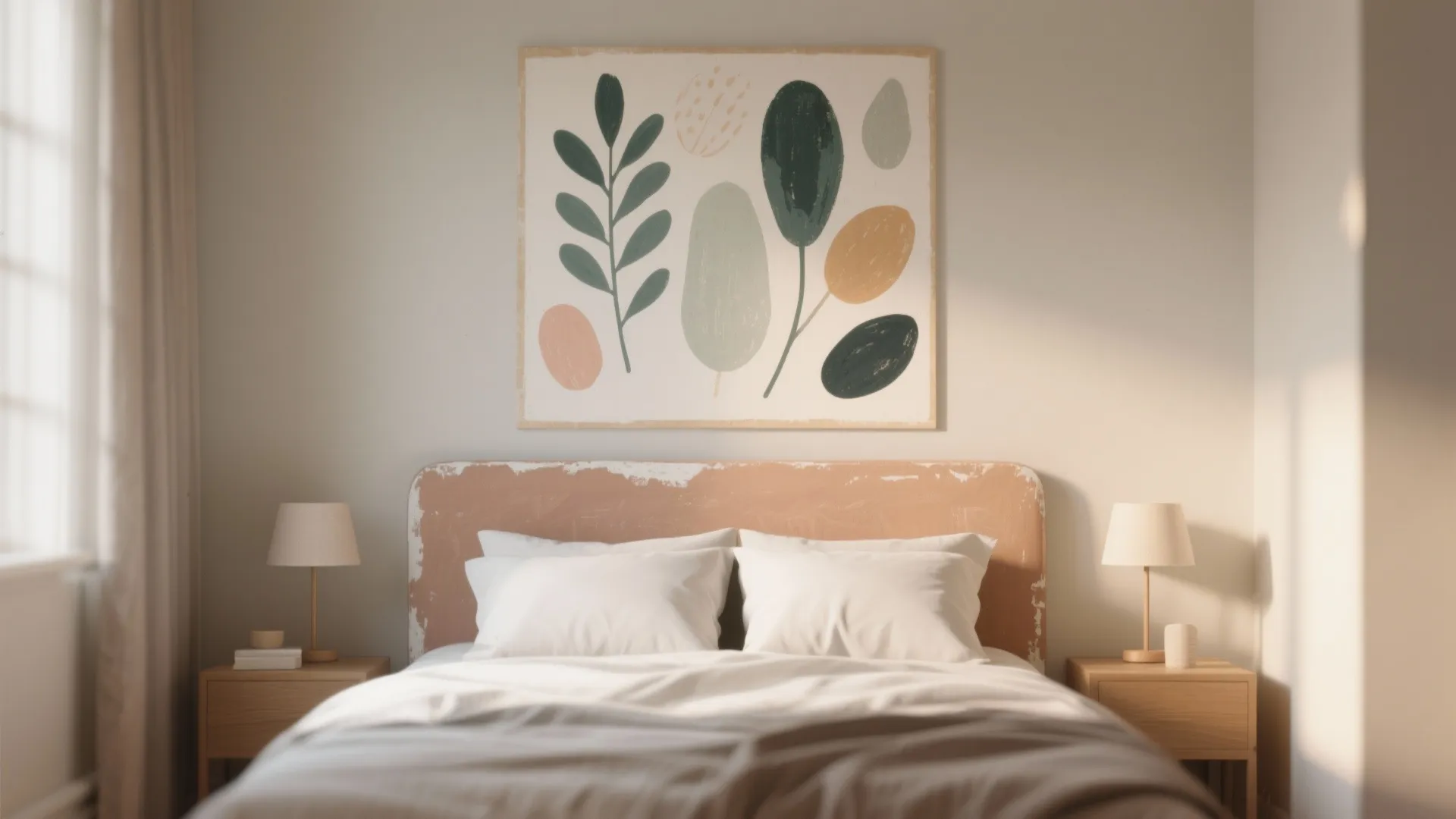 Minimalist bedroom with abstract plant wall art above bed with white pillows and wooden nightstands