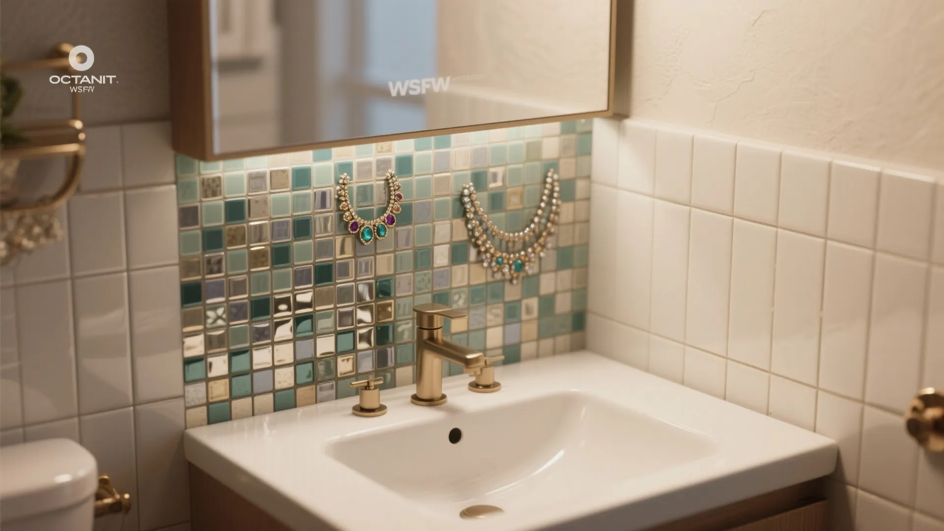 1. Mini-mosaic accent wall behind the vanity