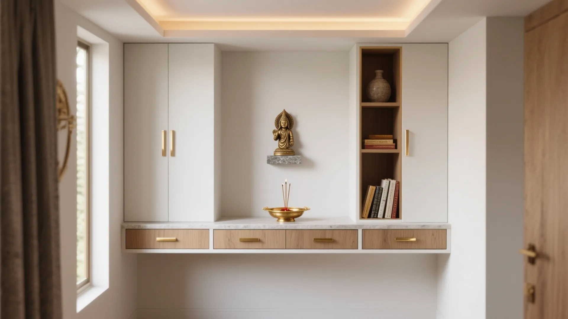 Minimalist altar wall with concealed storage