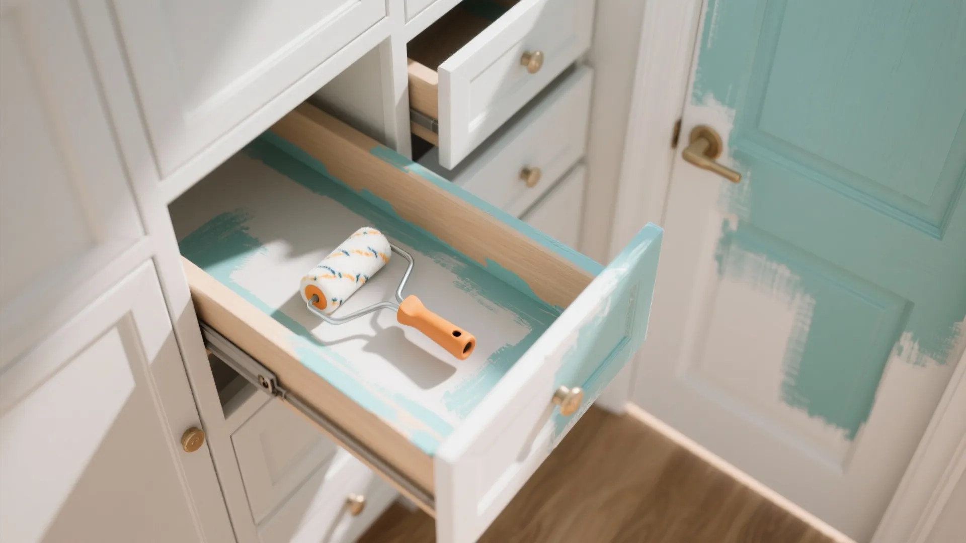 Top-down view of mini angled roller frames painting inside cabinet stiles and rails for tight-spot precision.