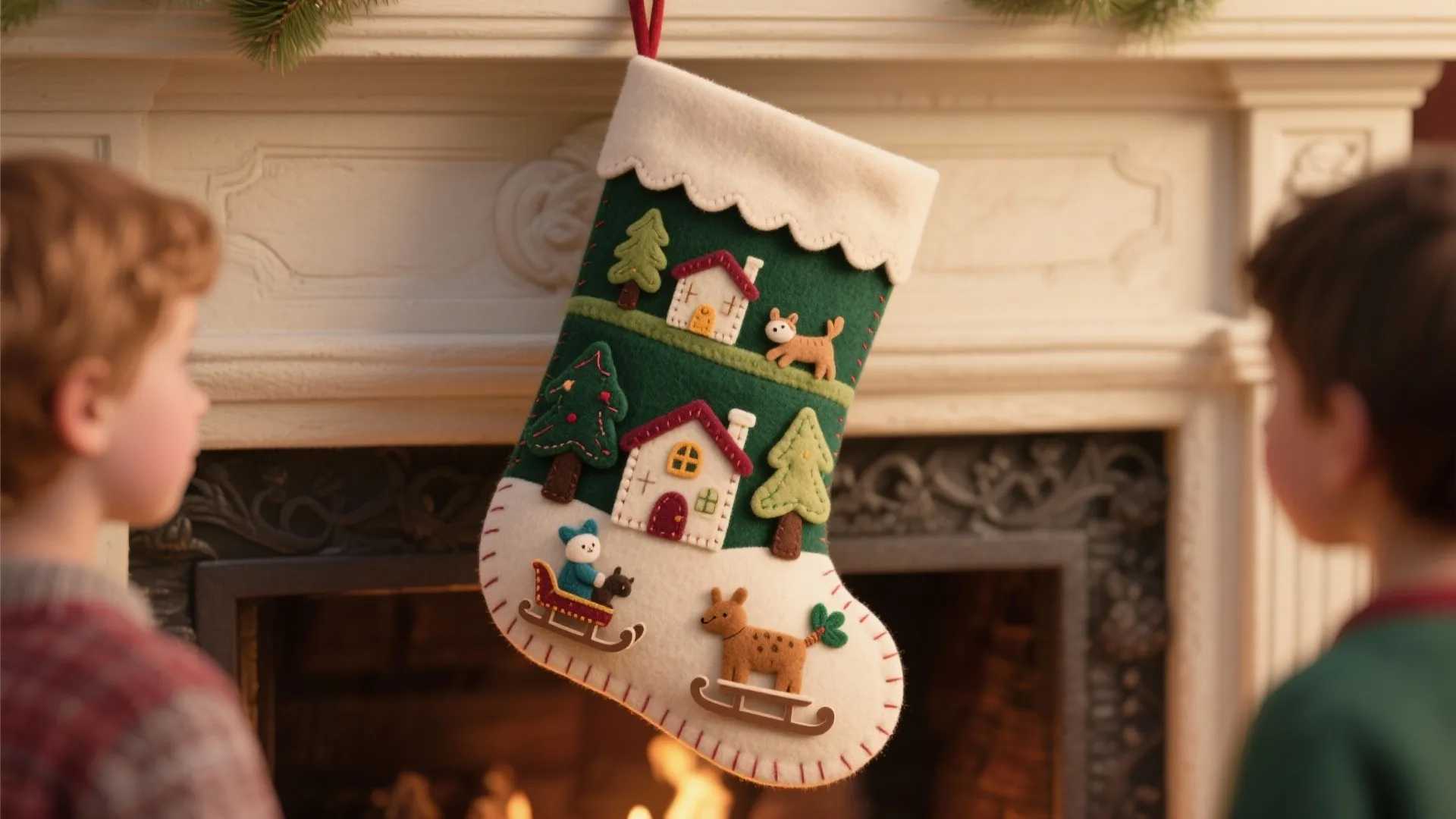 Stocking with a layered miniature felt applique scene of houses, trees, and tiny animals in a storybook style.